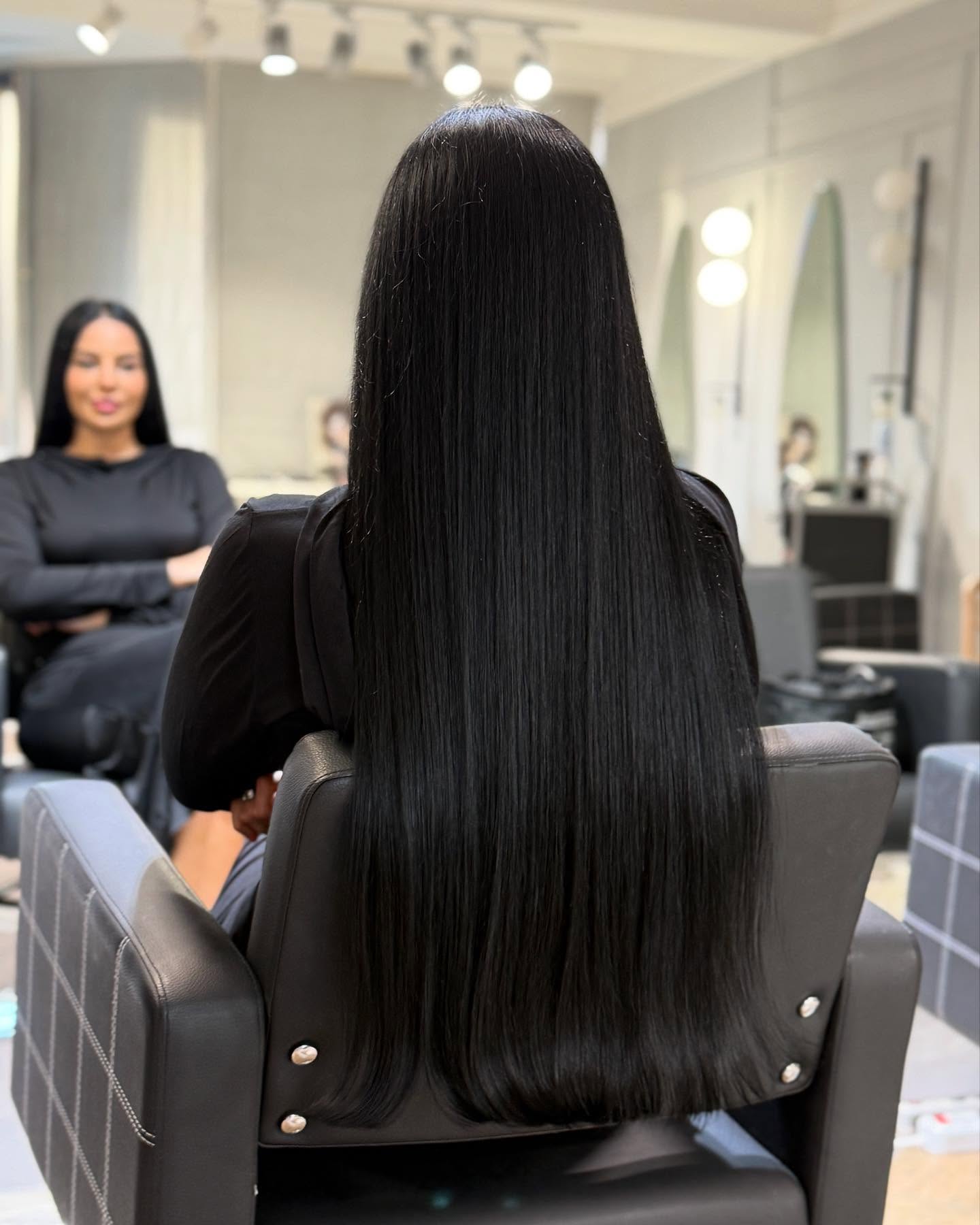 Glass Hair Finish On Extra Long Jet Black Strands