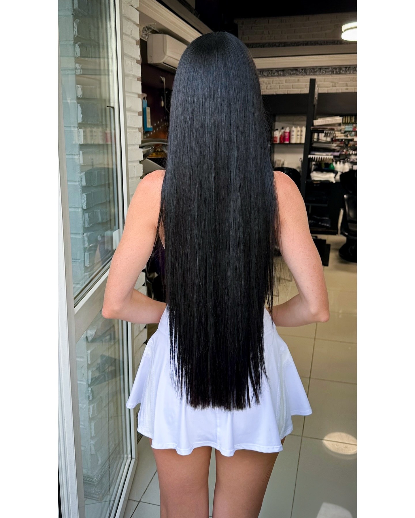 Glass Hair Finish On Extra Long Jet Black Tresses