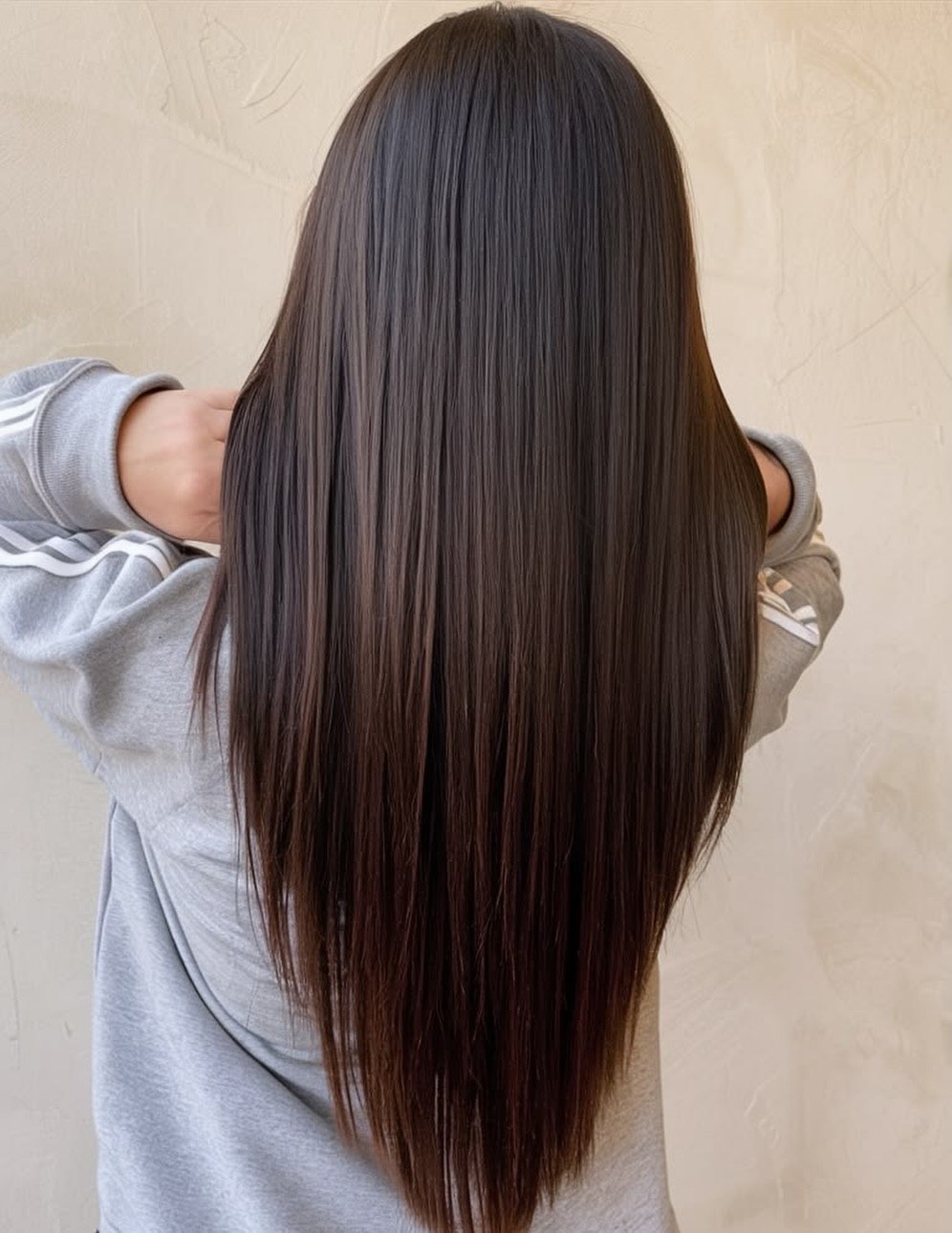 Glass Hair Finish On Long Espresso Tresses