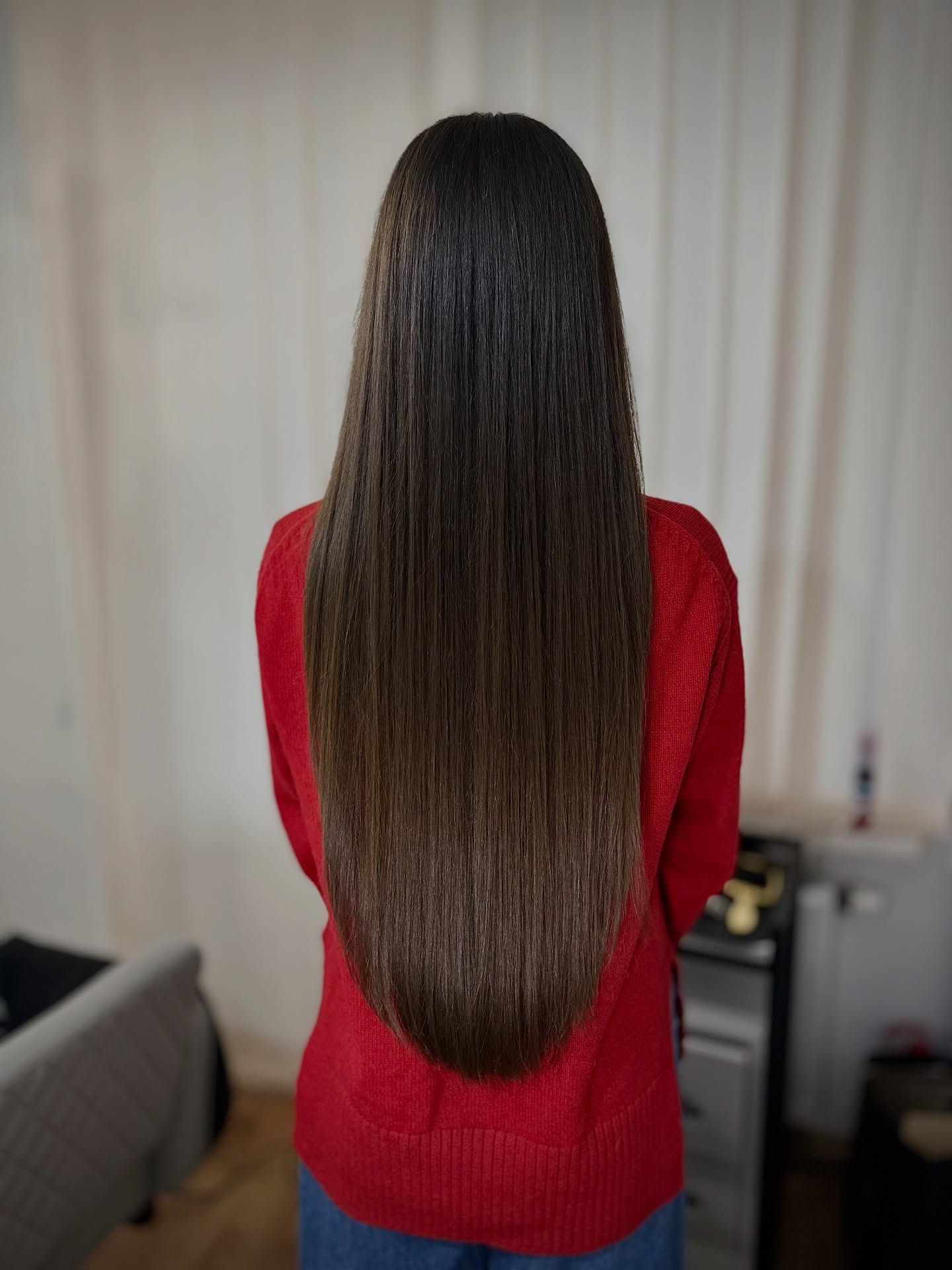 Glass Hair Finish On Long Espresso Tresses