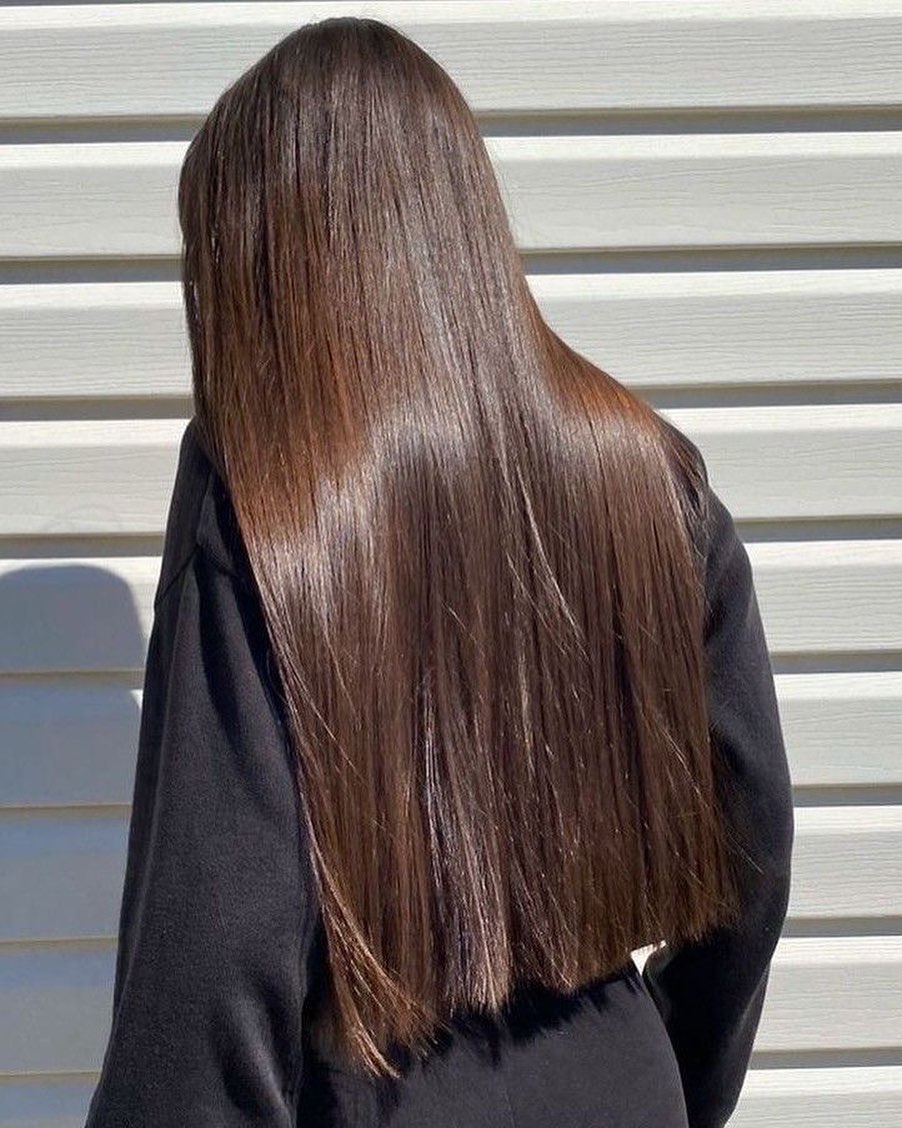 Glass Hair Finish On Long Straight Brunette Tresses