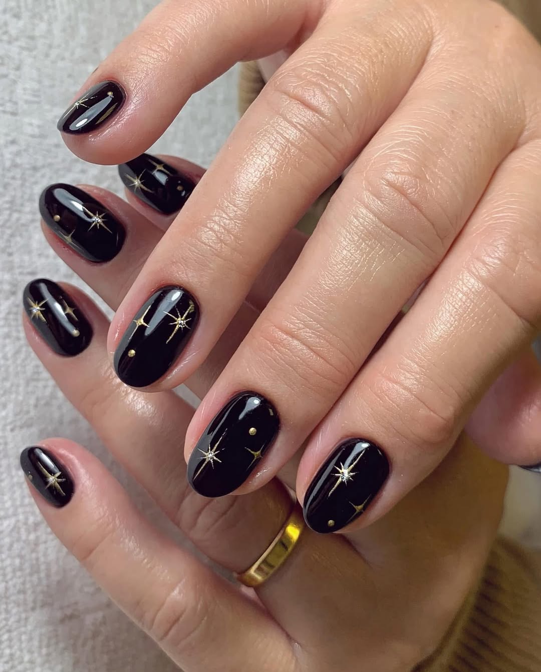 Glistening Black Starry Night Oval Nails