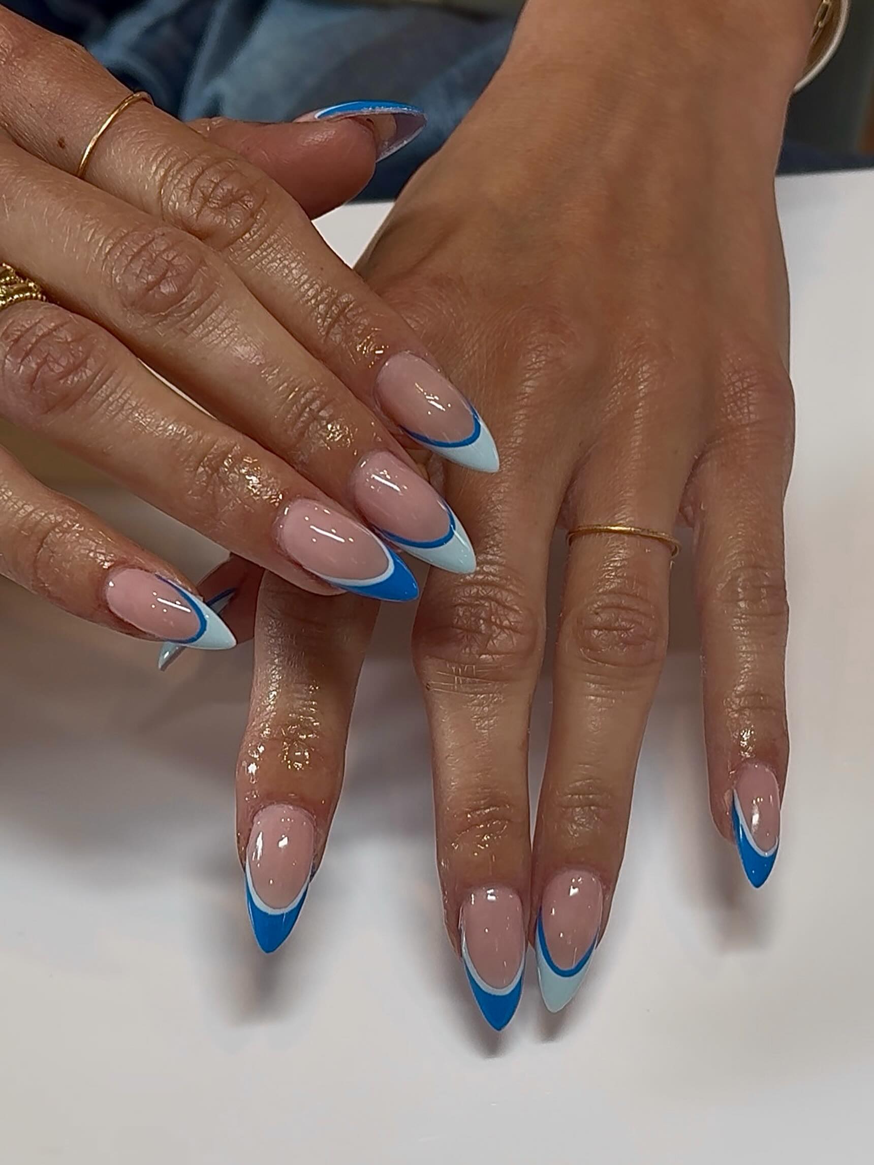 Glossy Almond Double Layered Blue French Tips