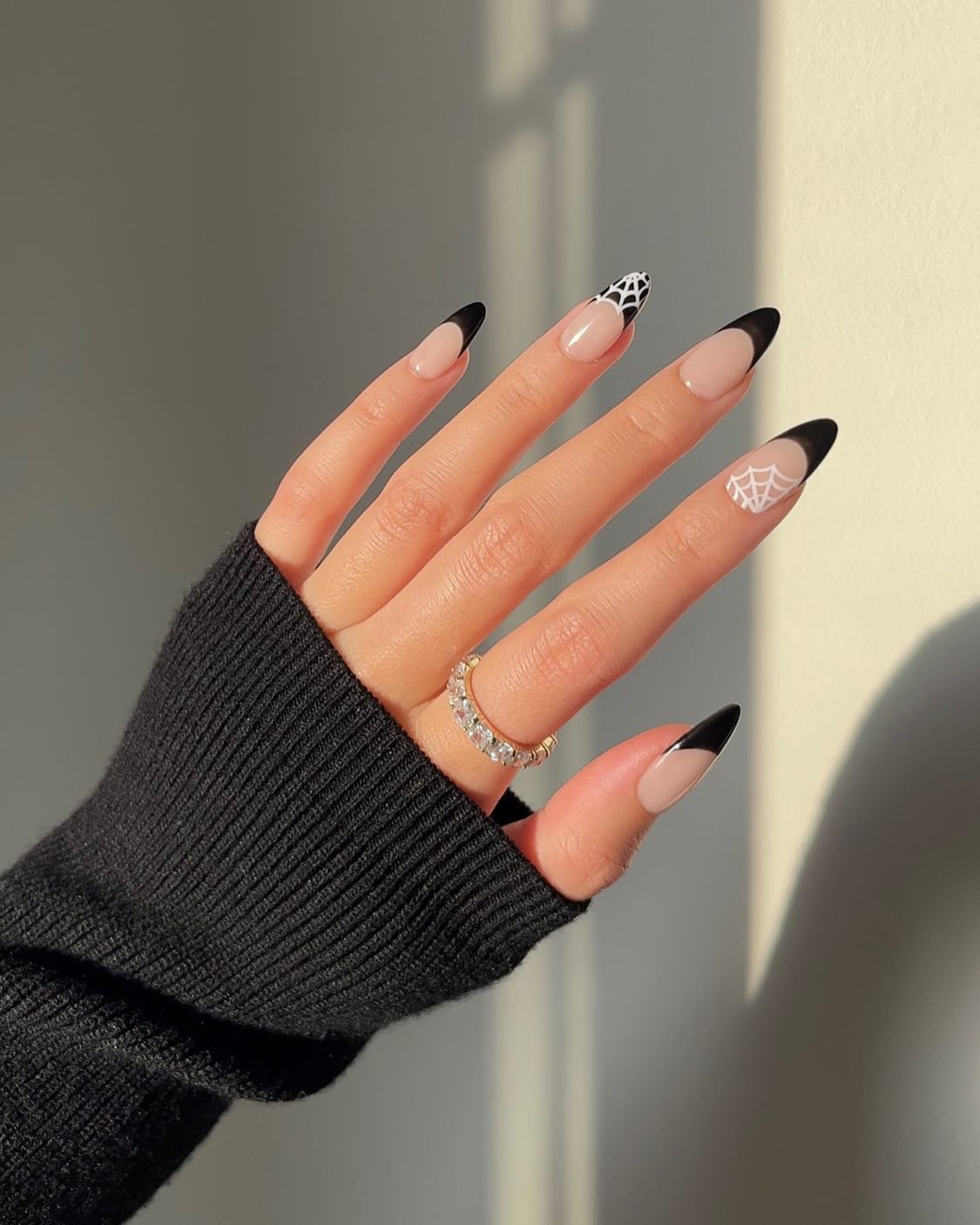 Glossy Black French Tips with Spider Web Art