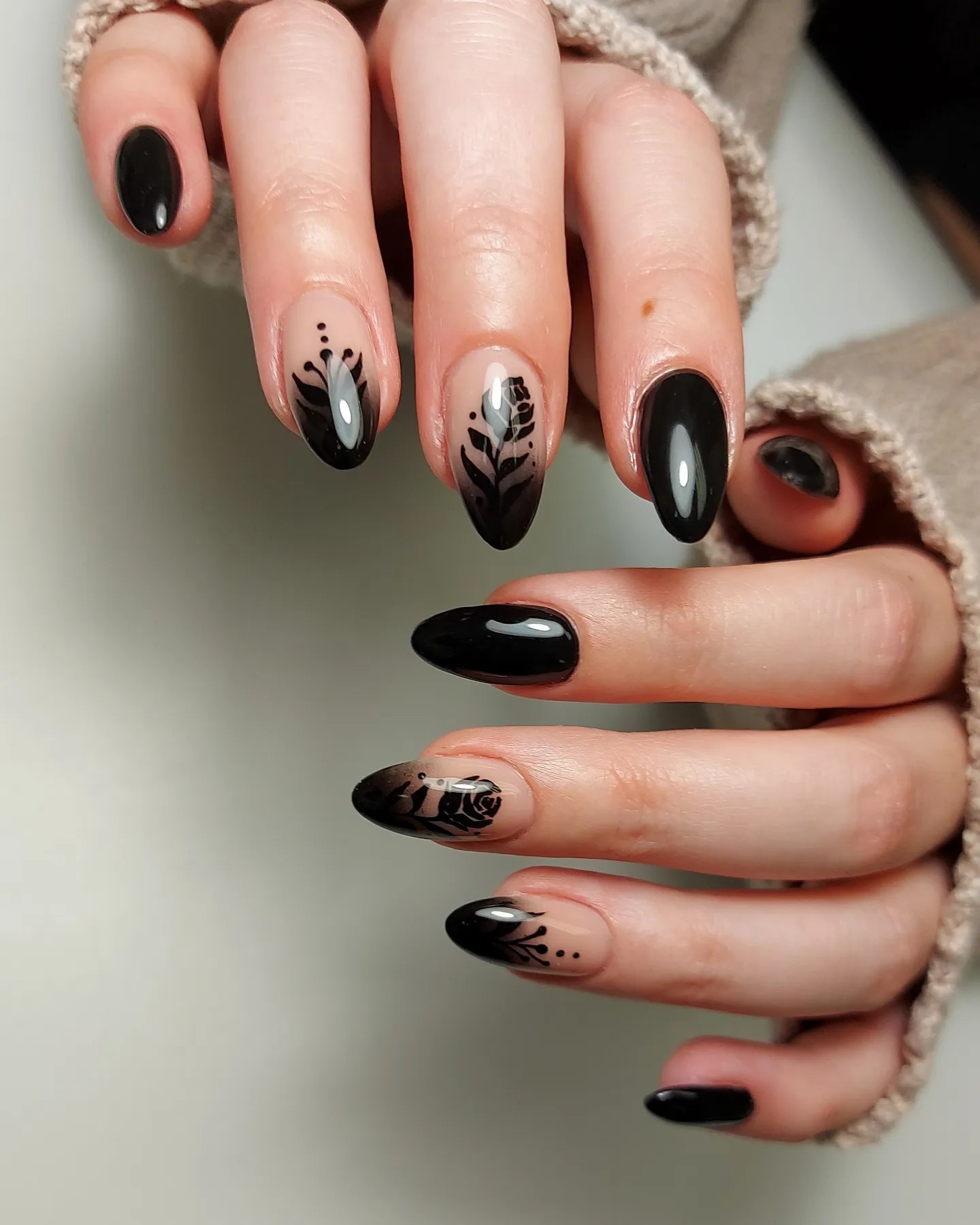 Glossy Black Ombre Rose Almond Nails