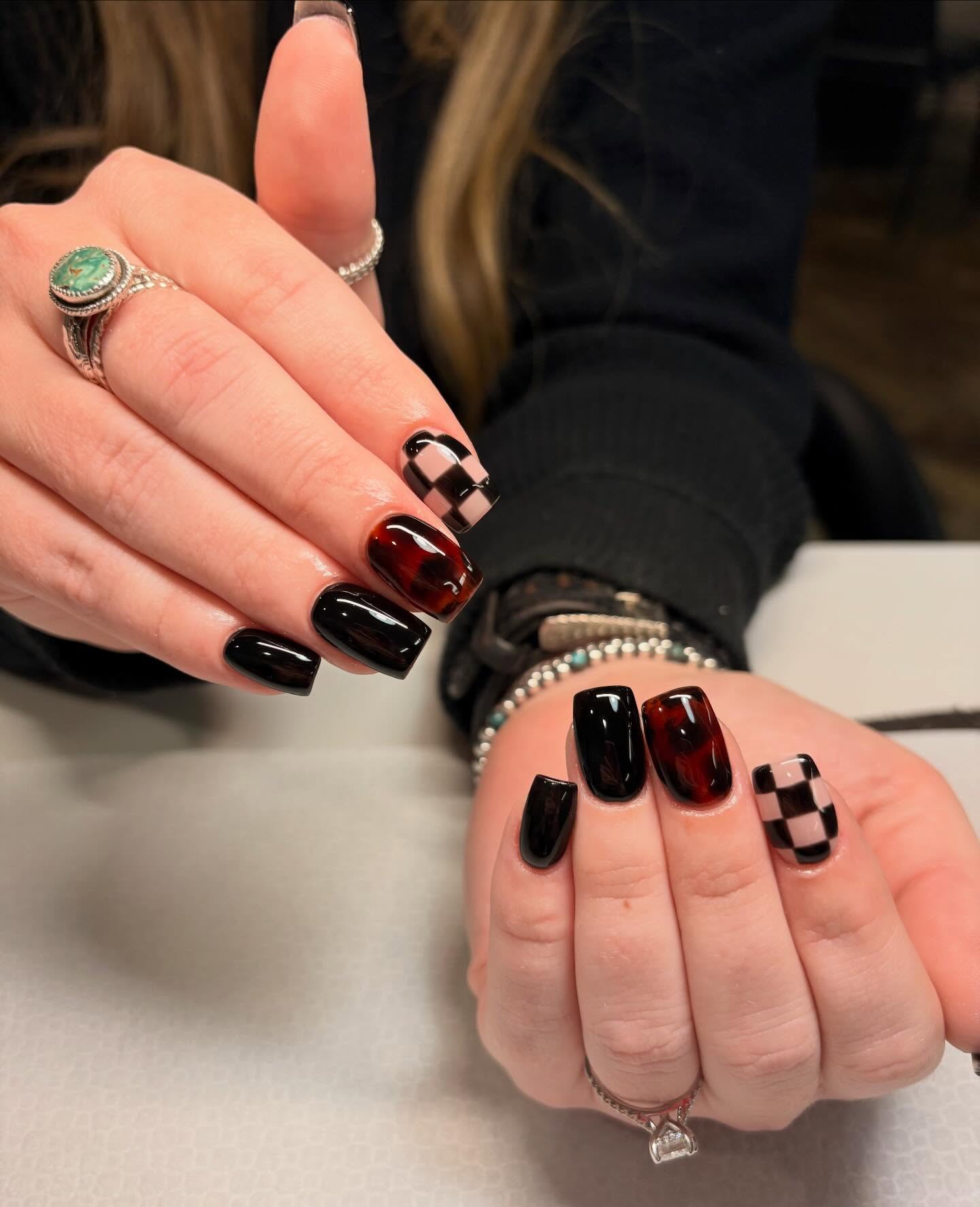 Glossy Black Tortoiseshell & Checkered Square Nails