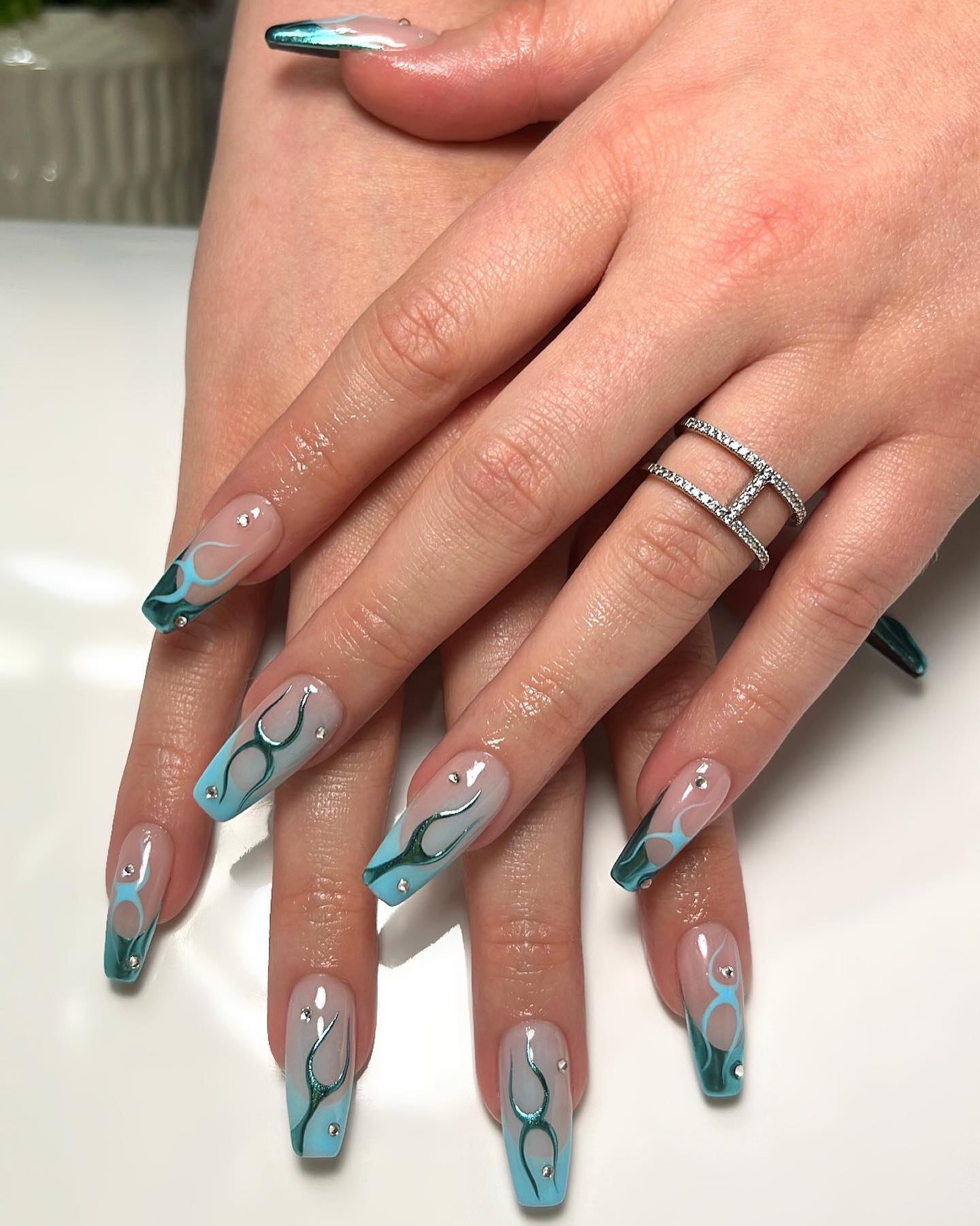 Glossy Blue Chrome Flame Coffin Nails