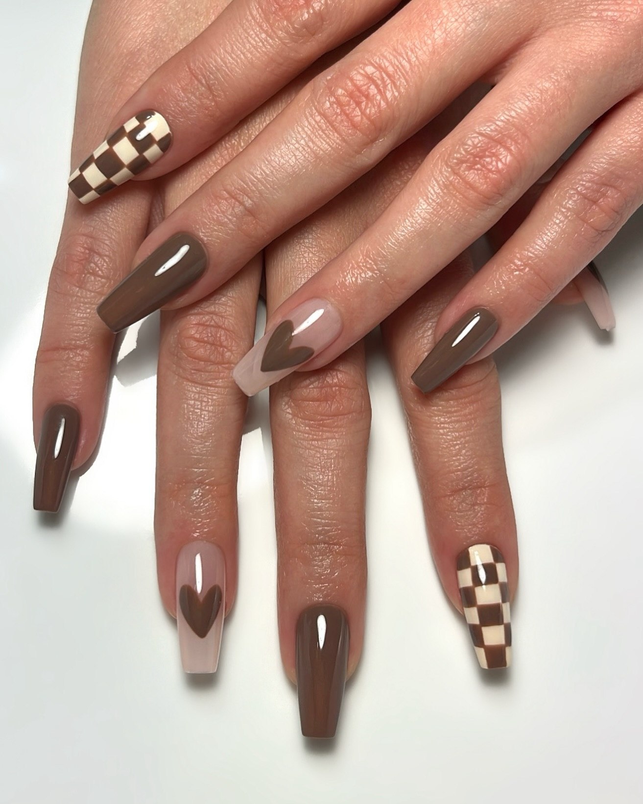 Glossy Brown Checkered And Heart Coffin Nails
