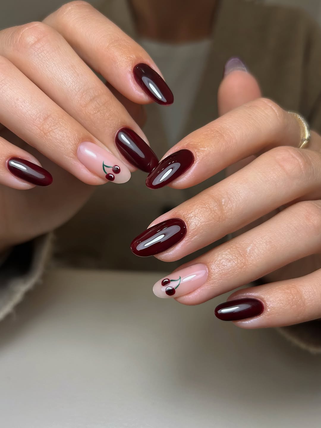 Glossy Cherry Red Oval Nails With Cute Cherry Art