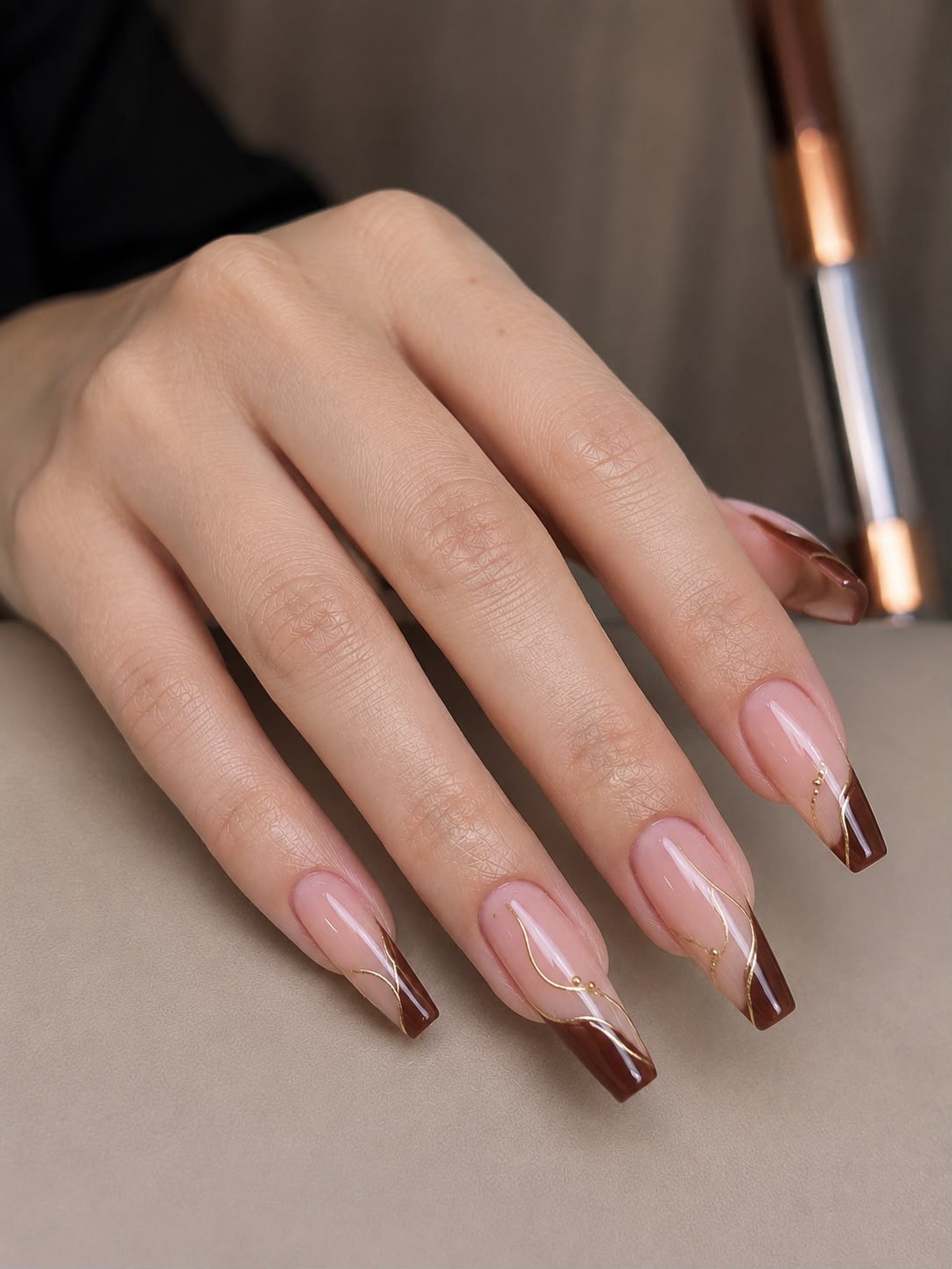 Glossy Chocolate French Tips With Gold Swirls