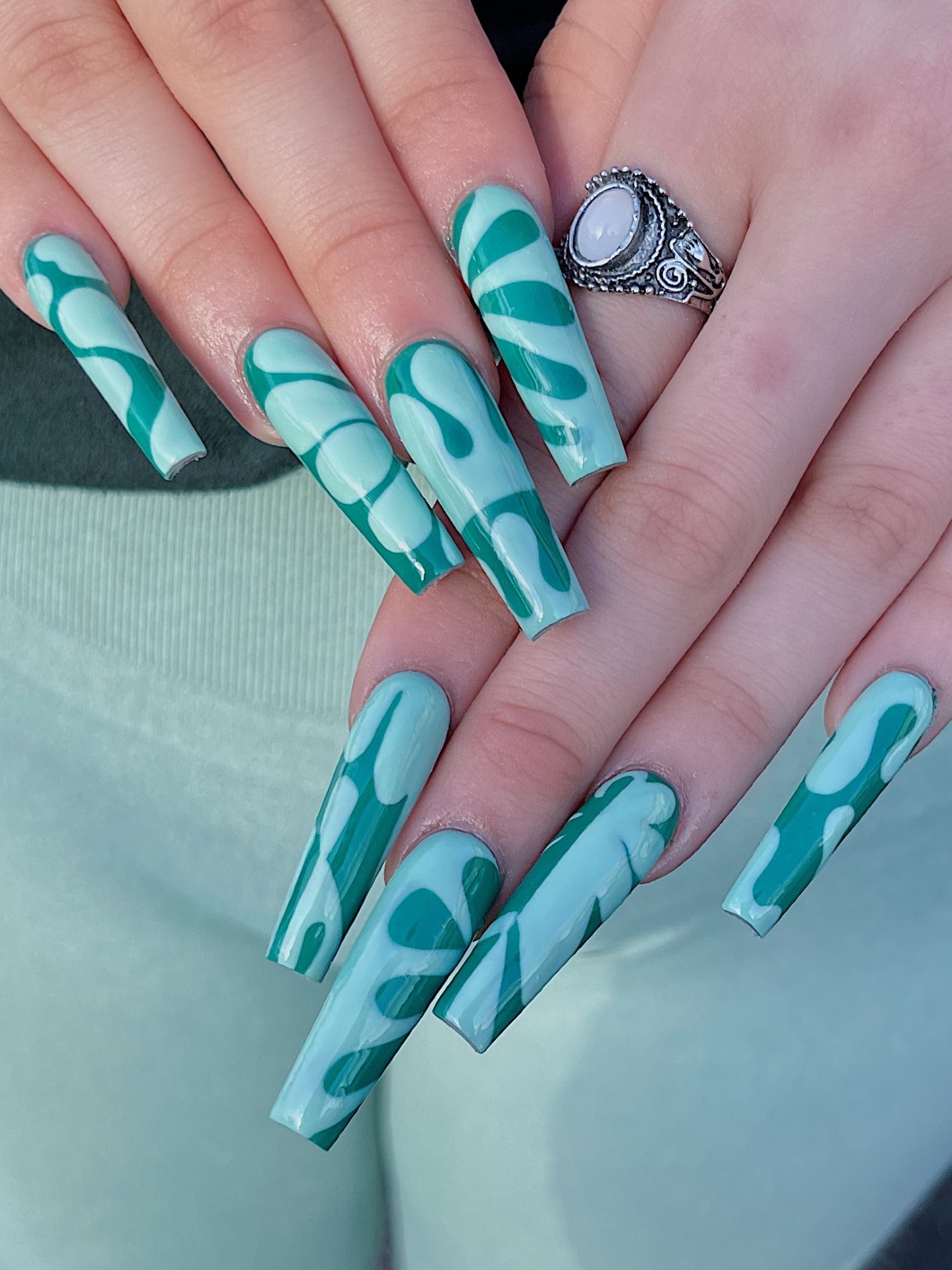 Glossy Mint And Forest Green Swirl Coffin Nails