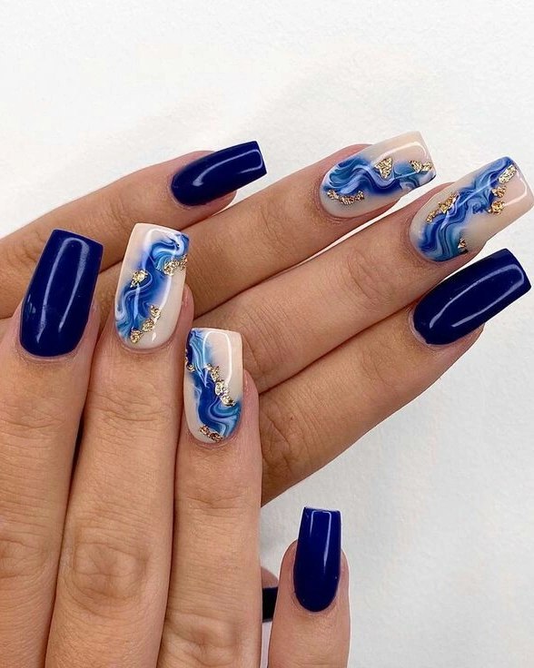 Glossy Navy Blue And Gold Marble Square Nails