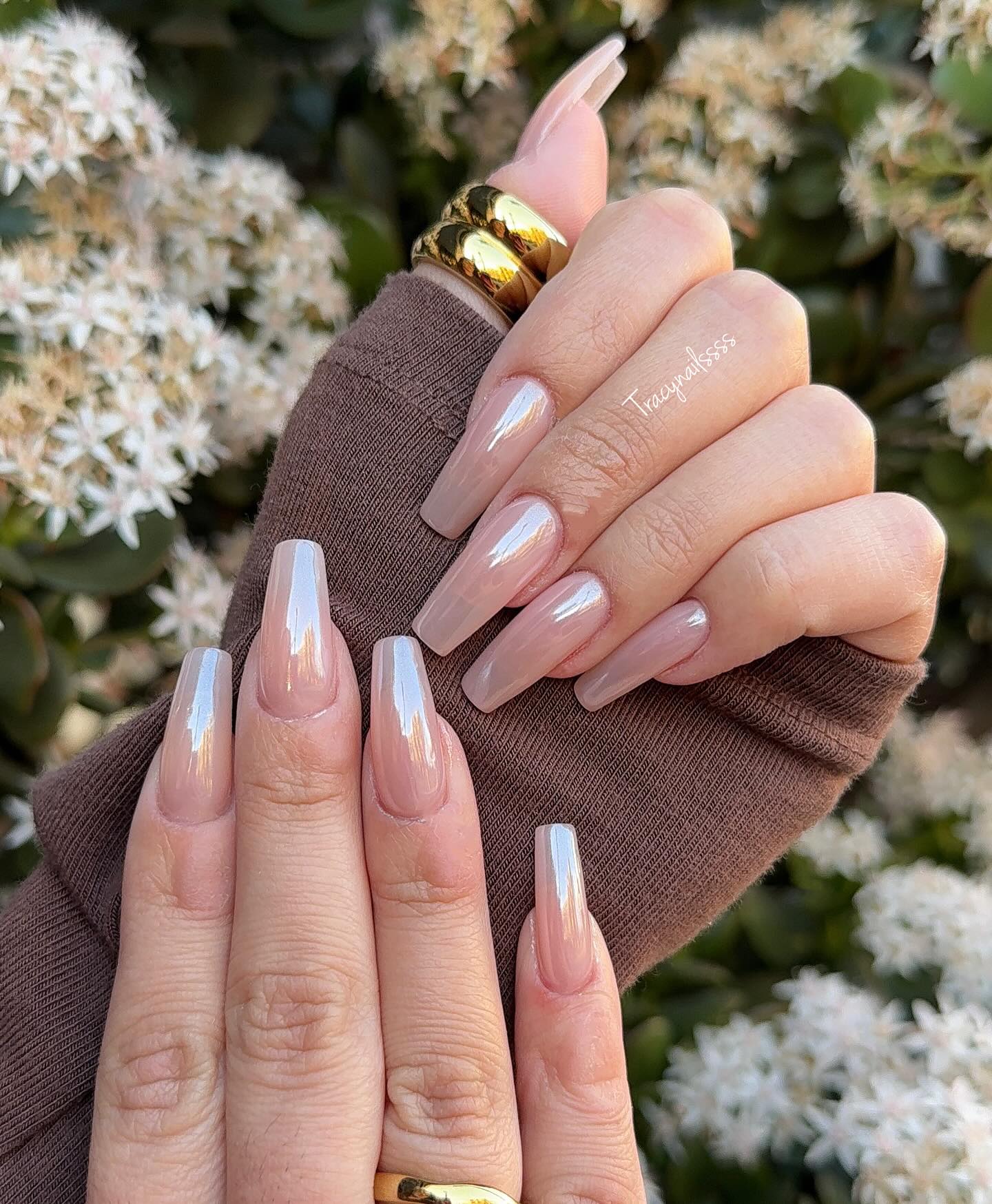 Glossy Nude Chrome Coffin Nails