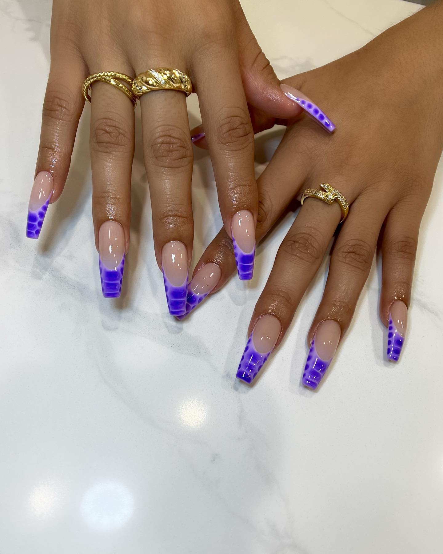 Glossy Purple Animal Print Coffin French Tips