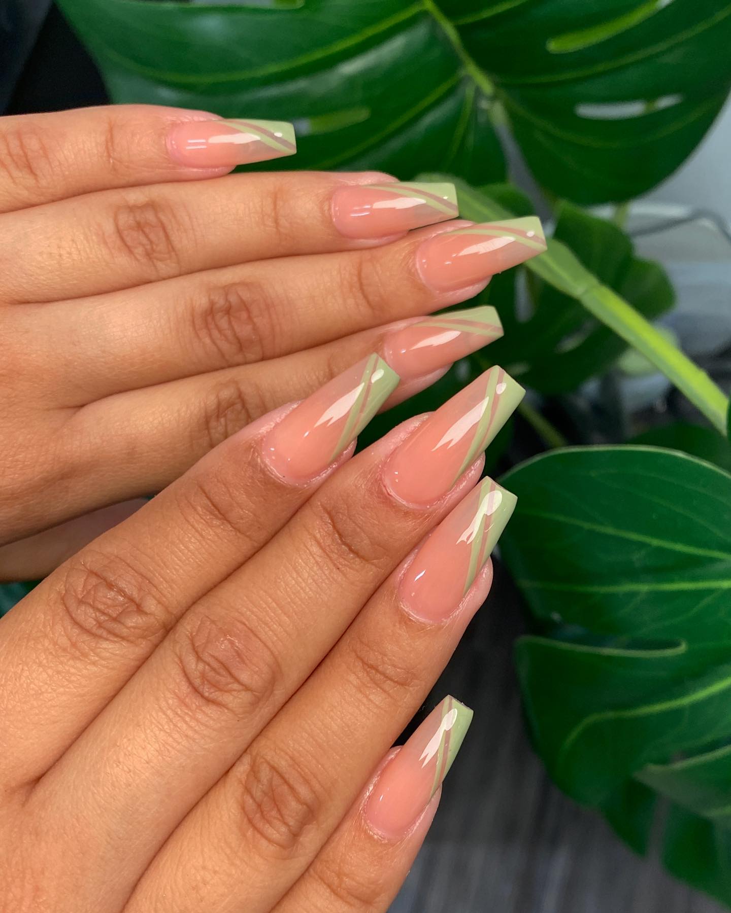 Glossy Sage Green Swirl Coffin Nails