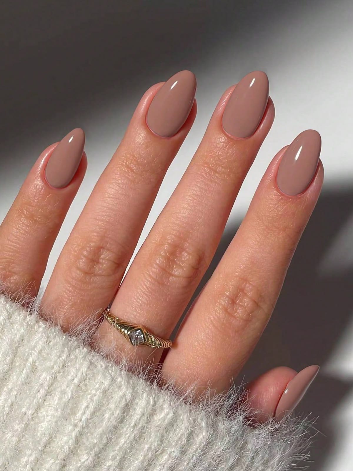Glossy Taupe Almond Nails For Fall