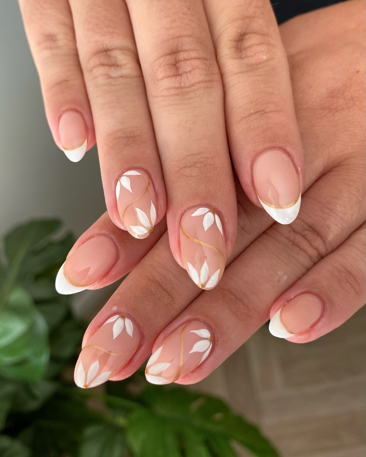 Gold Swirl Floral French Almond Nails