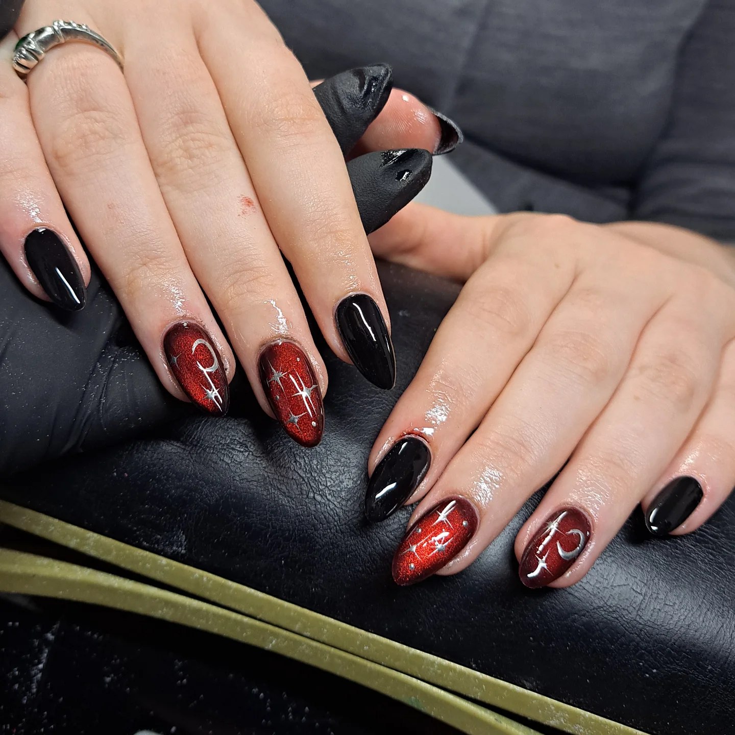 Gothic Black & Red Cat Eye Celestial Nails