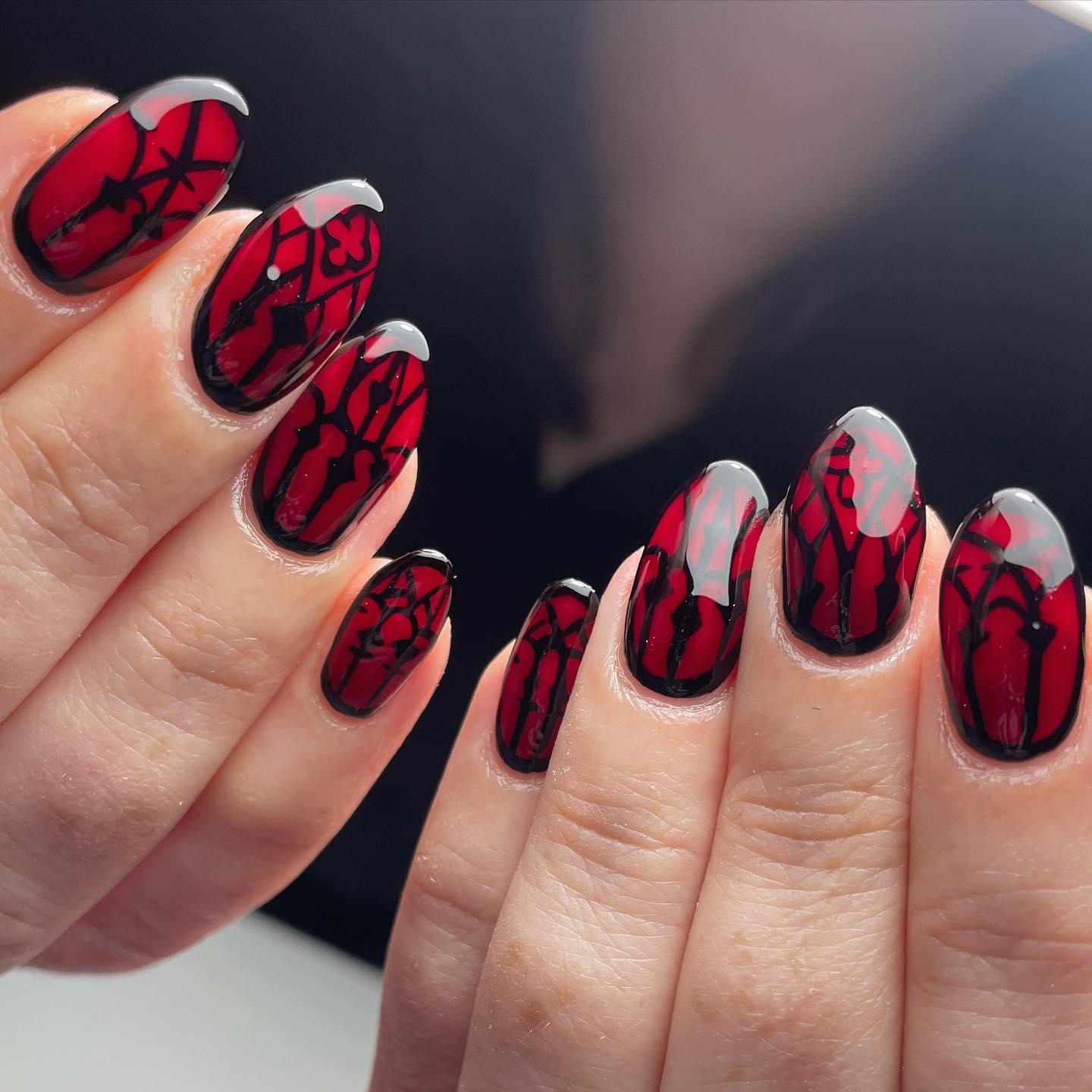 Gothic Red Black Stained Glass Almond Nails