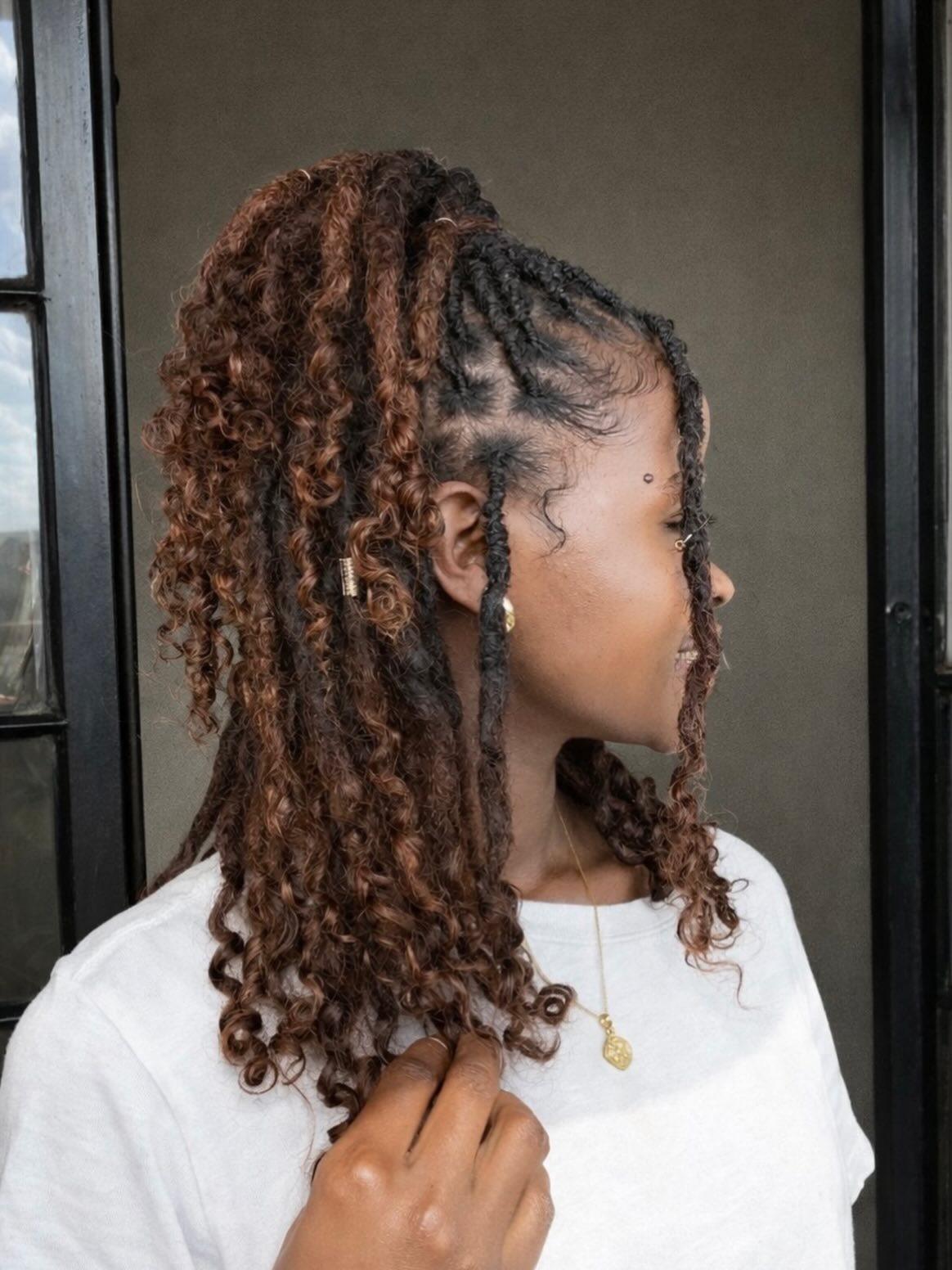 Half Up Goddess Faux Locs With Auburn Highlights