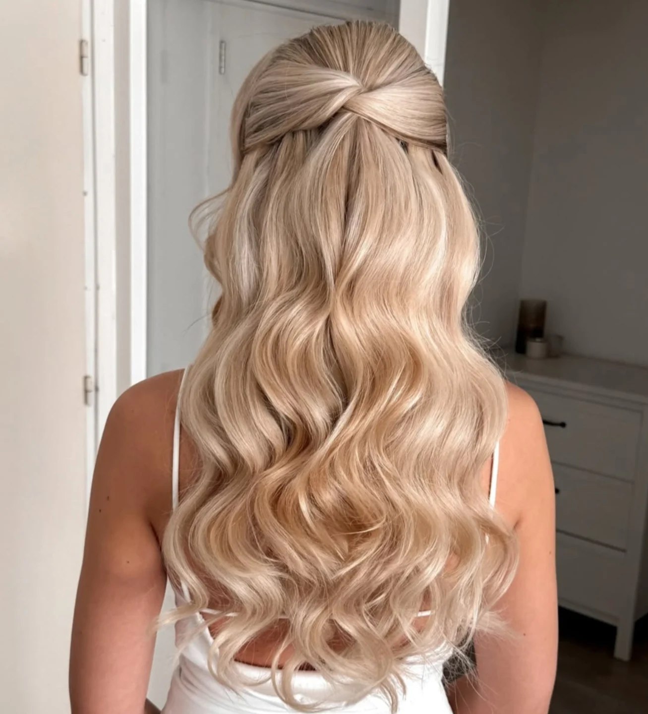 Half Up Twisted Waves On Scandi Blonde Hair