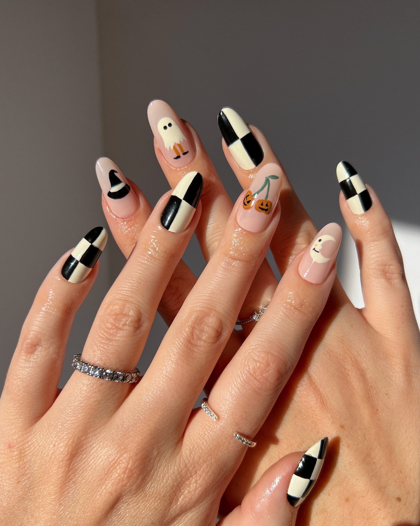 Halloween Checkerboard & Spooky Character Almond Nails