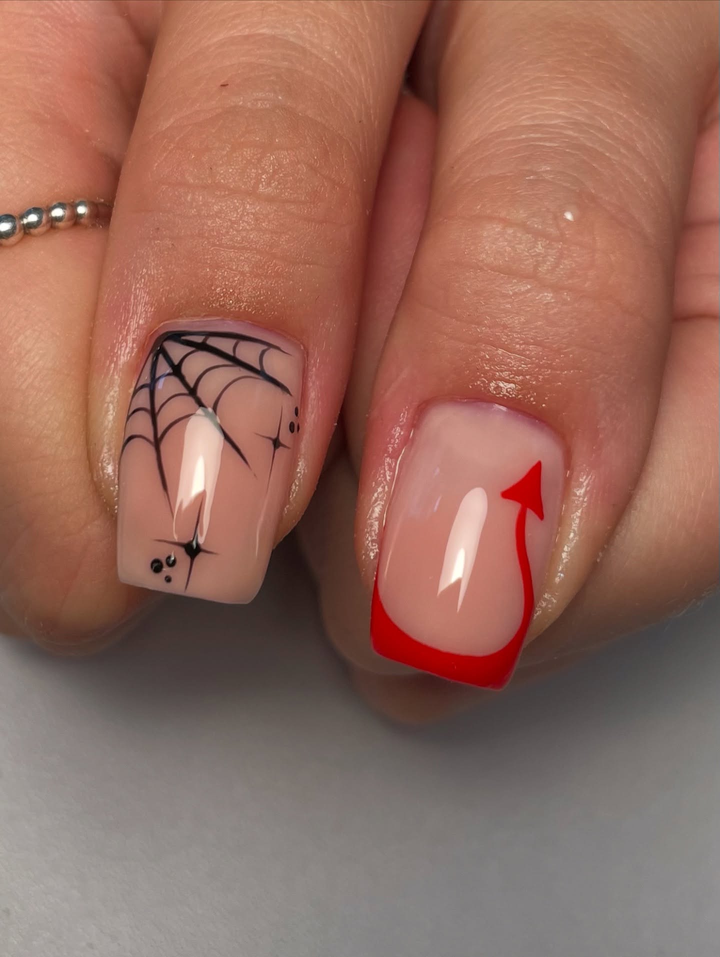 Halloween French Tips With Spiderweb and Devil Accent
