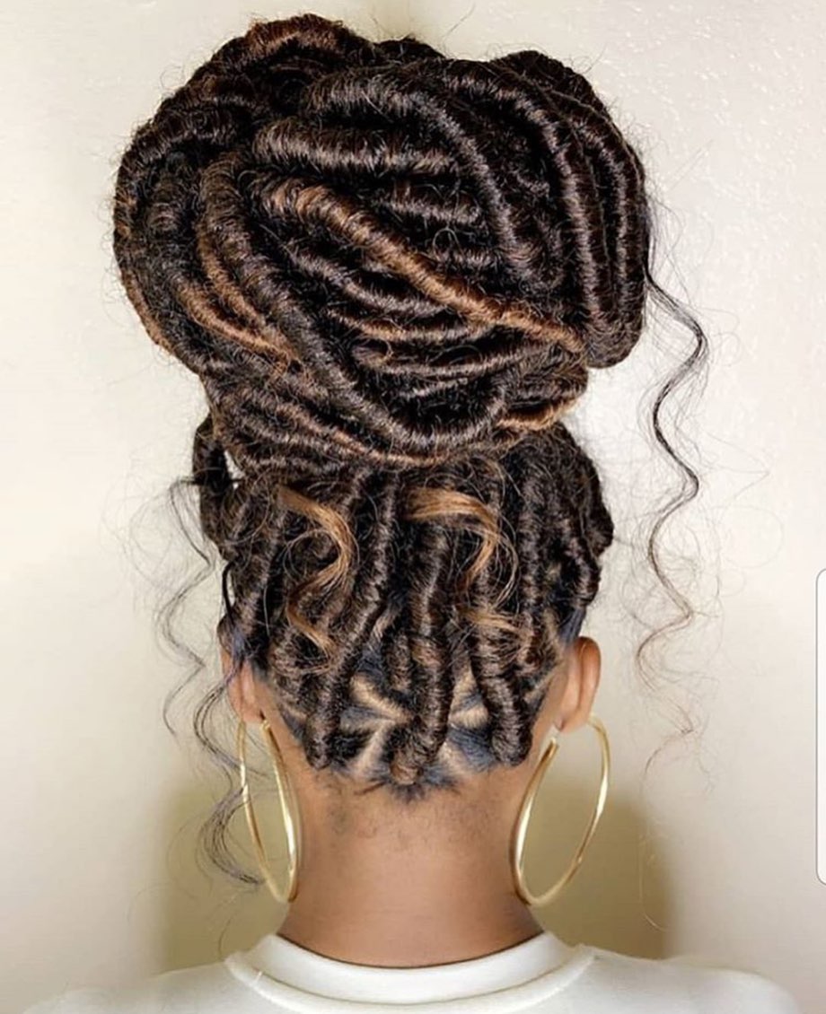 High Messy Bun With Highlighted Faux Locs