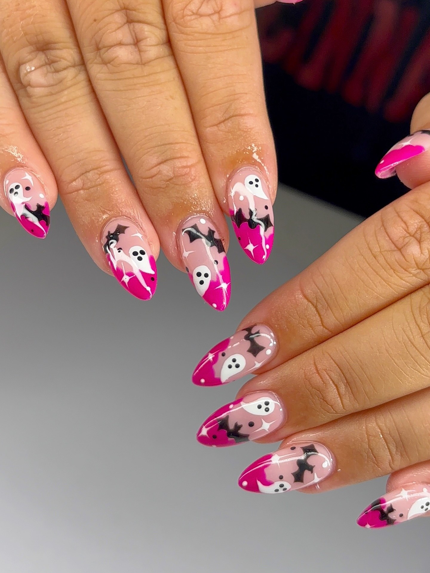 Hot Pink Ghost & Bat Halloween Almond Nails