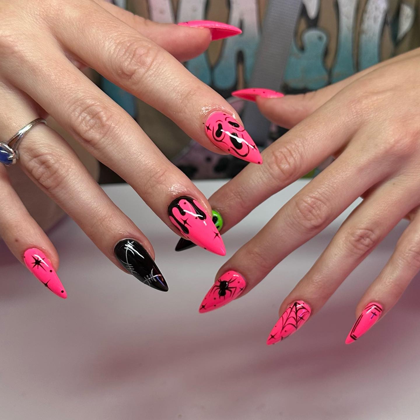 Hot Pink Halloween Stiletto Nails