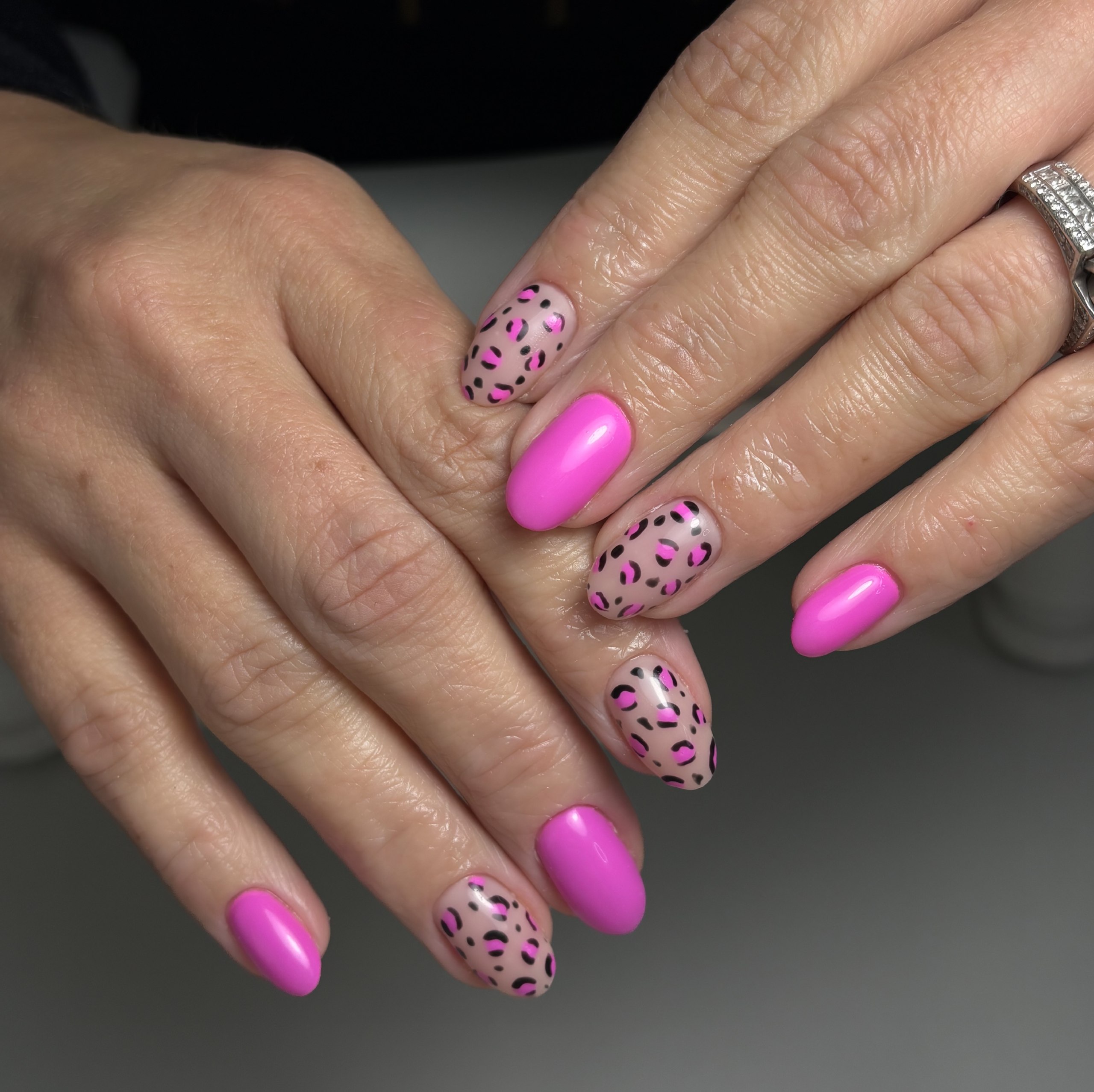 Hot Pink Leopard Print Almond Nails