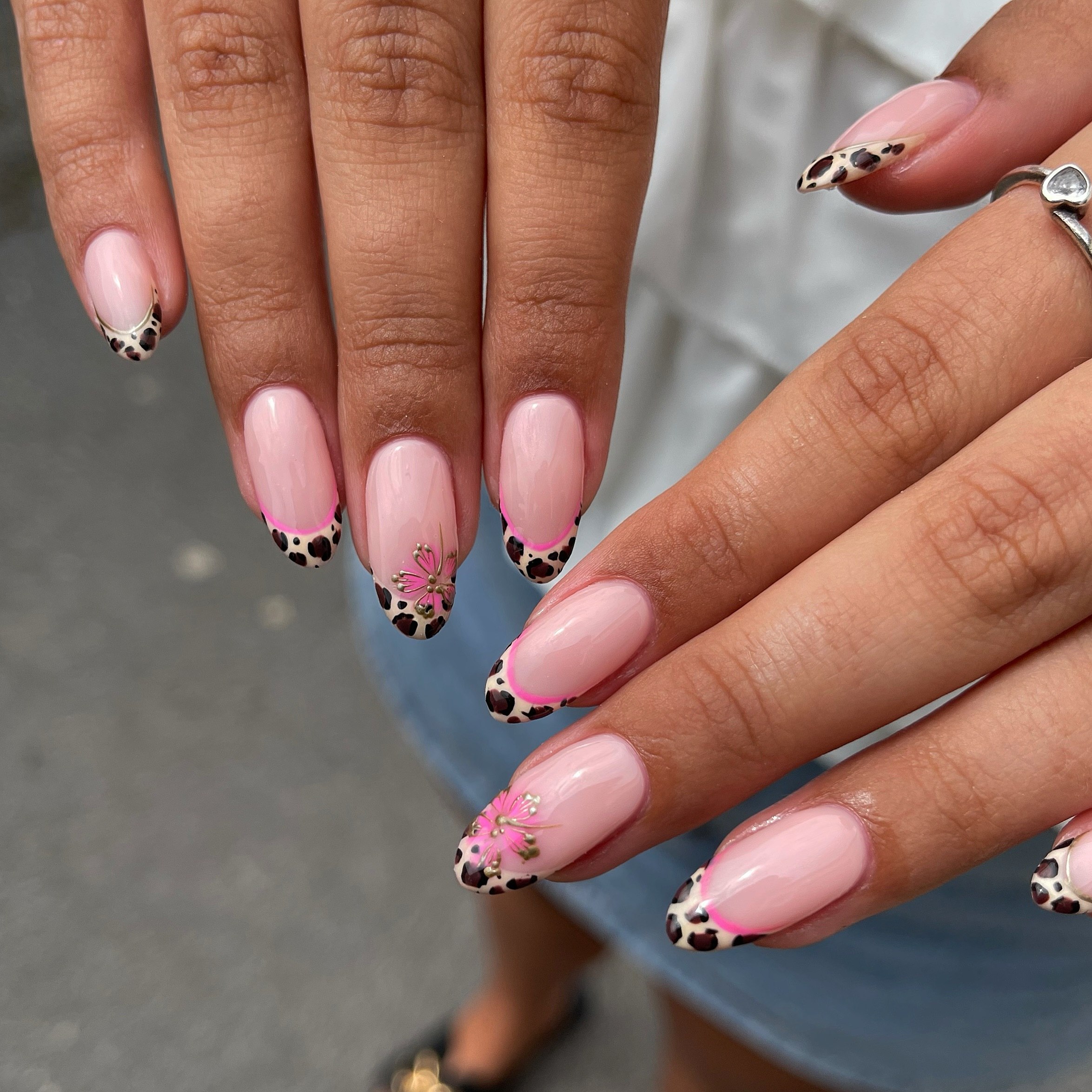 Leopard French Tip Nails with Pink Accents