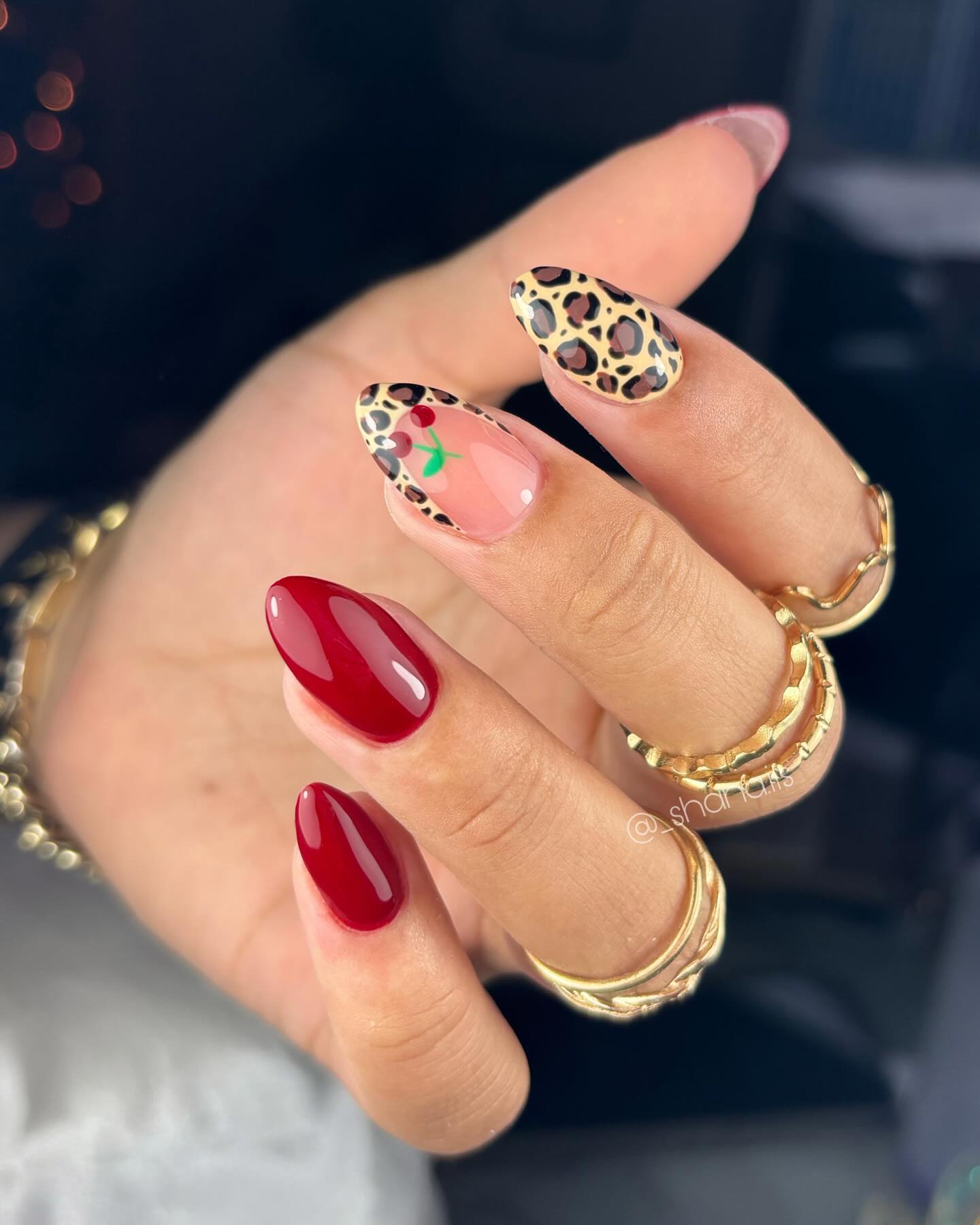 Leopard Print Cherry French Almond Nails