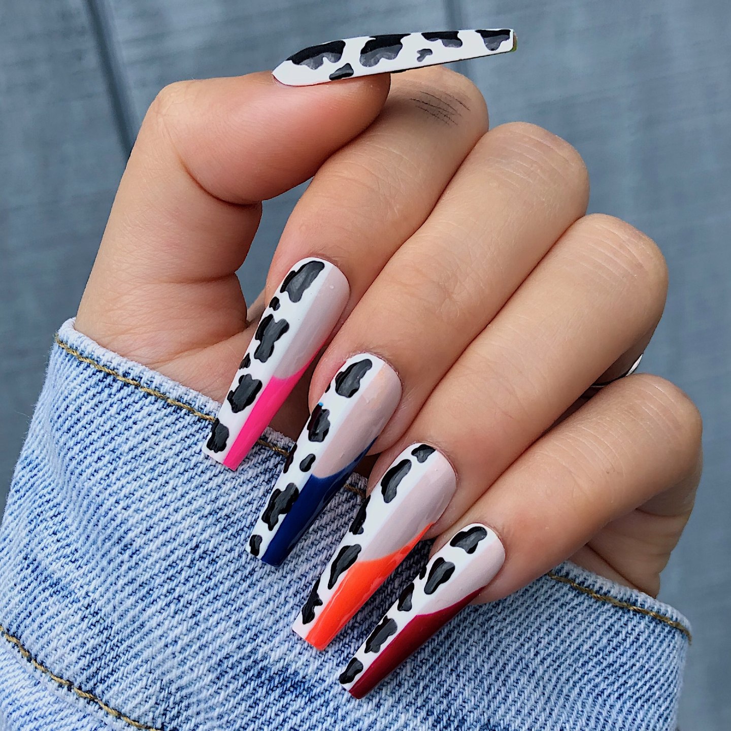 Long Coffin Nails With Cow Print And Color Tips