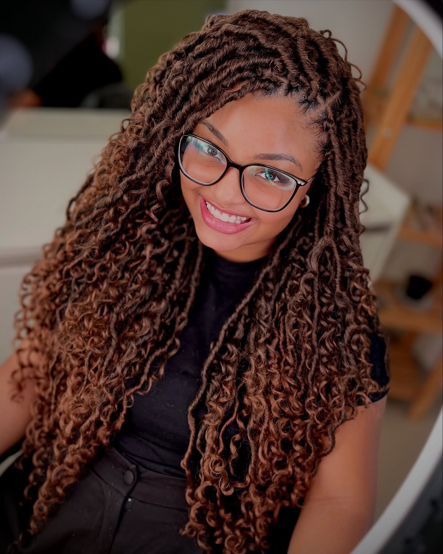 Long Wavy Goddess Faux Locs In Warm Auburn