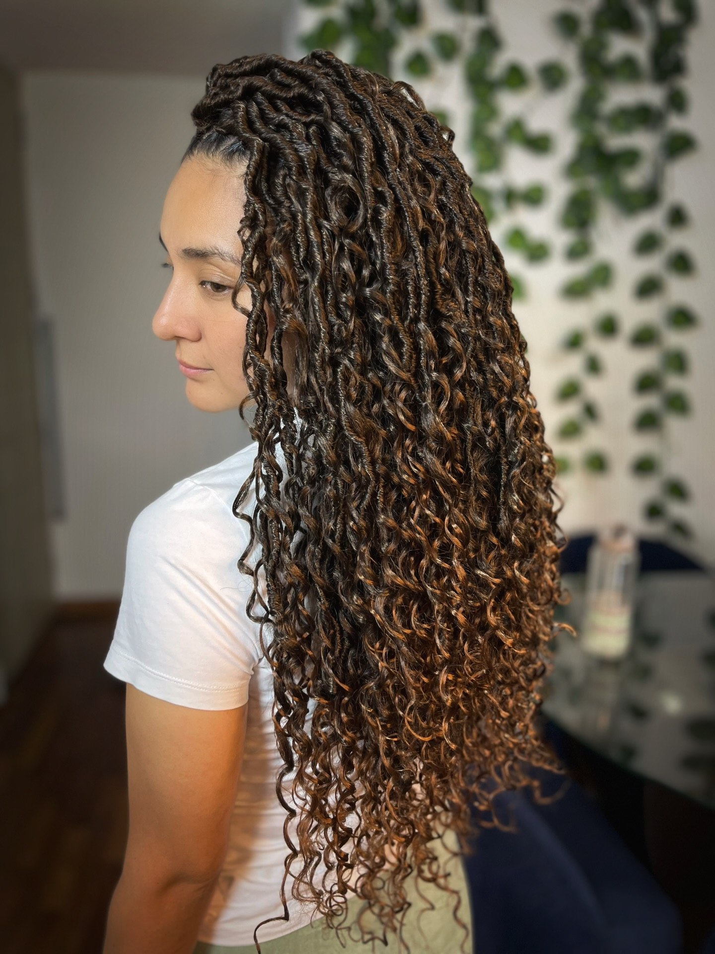 Long Wavy Goddess Faux Locs In Warm Brown