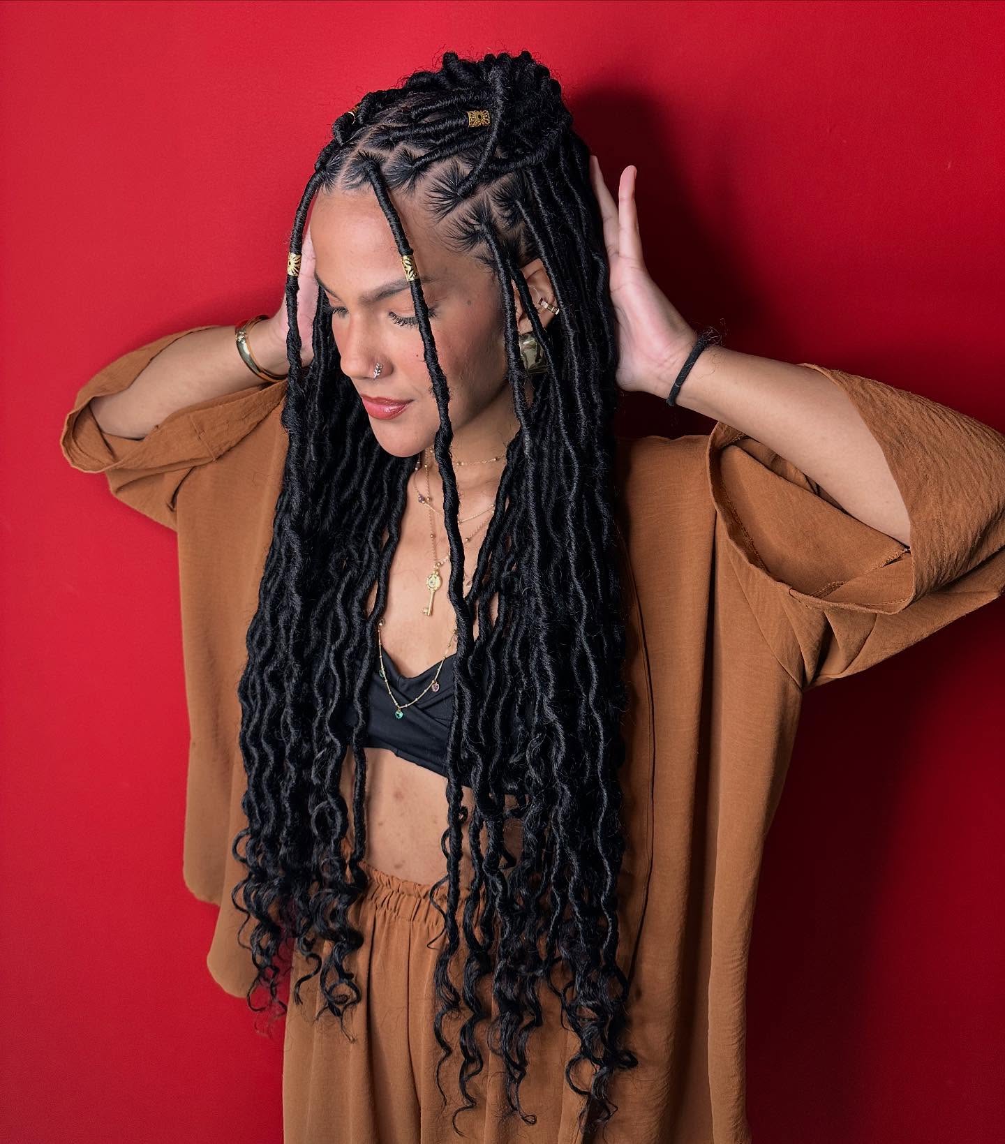 Long Wavy Goddess Faux Locs With Gold Accents