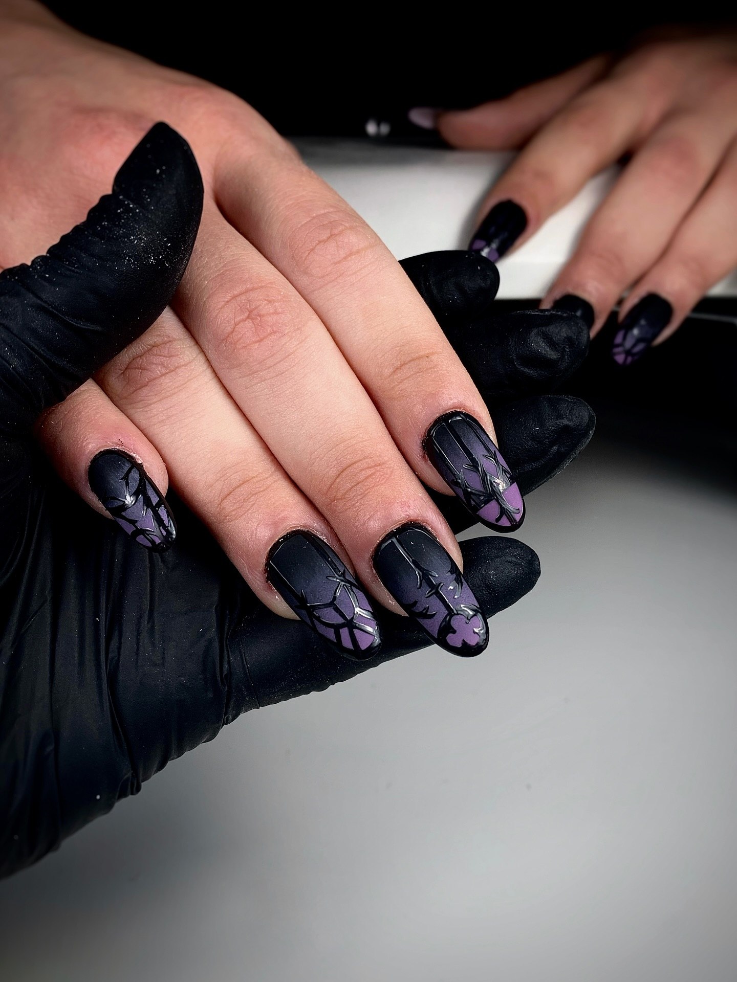 Matte Black Coffin Nails With Purple Geometric Accents