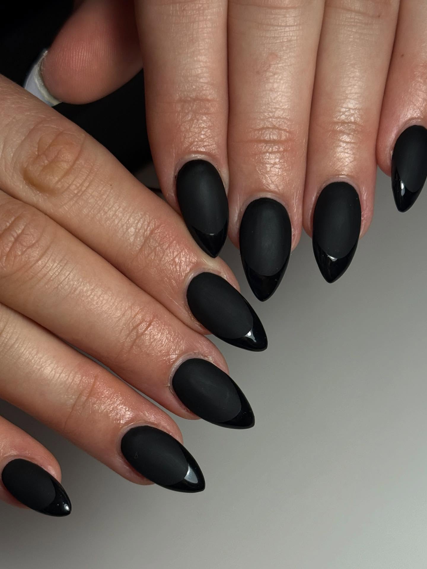 Matte Black French Tip Almond Nails