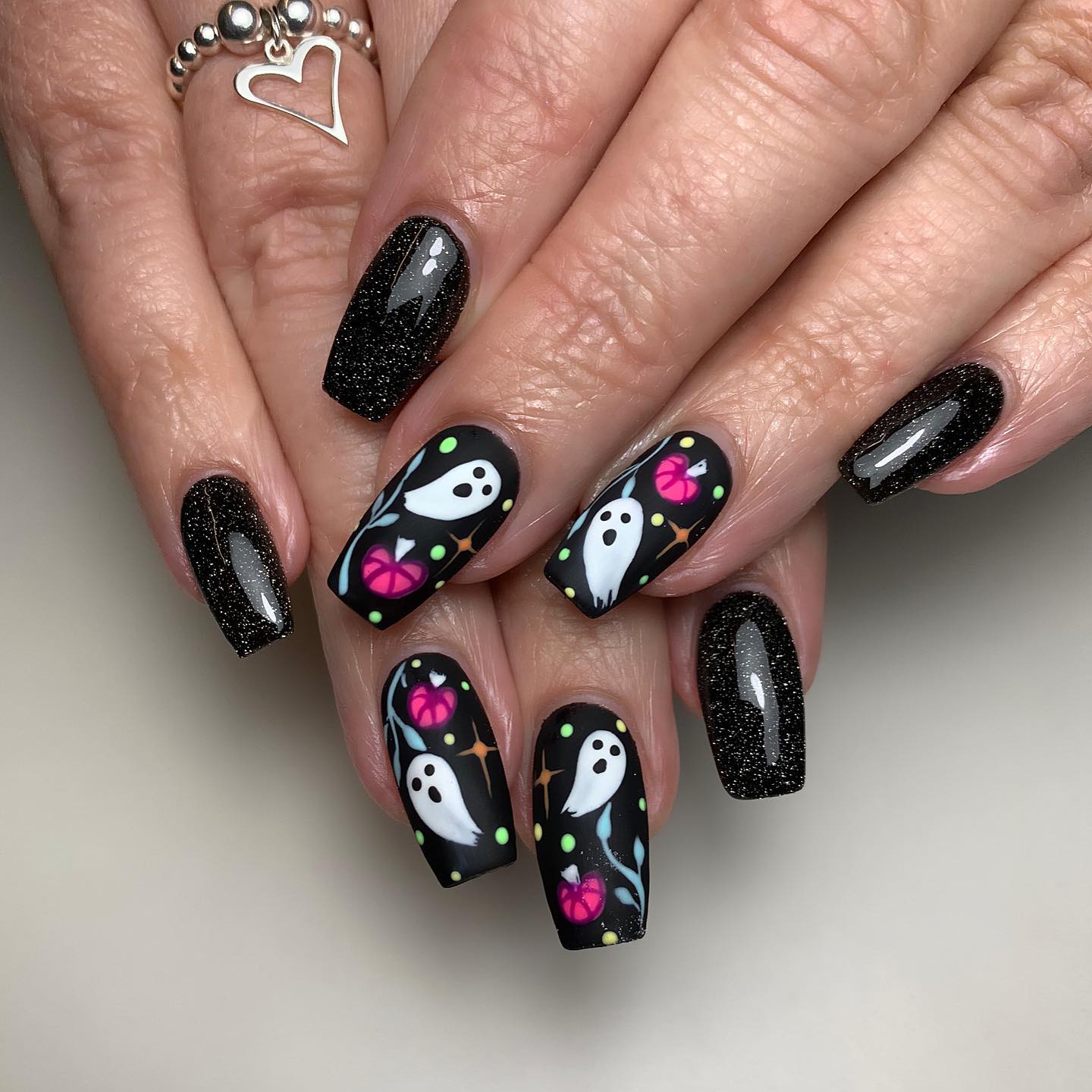 Matte Black Ghost & Pumpkin Halloween Nails