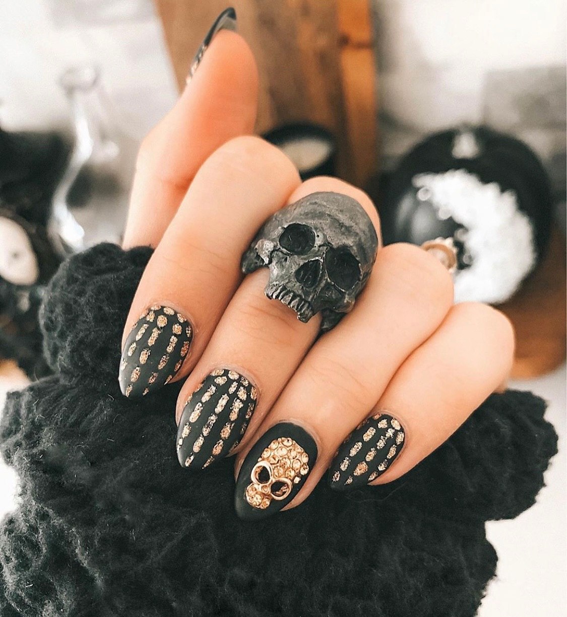 Matte Black & Gold Skull Halloween Nails