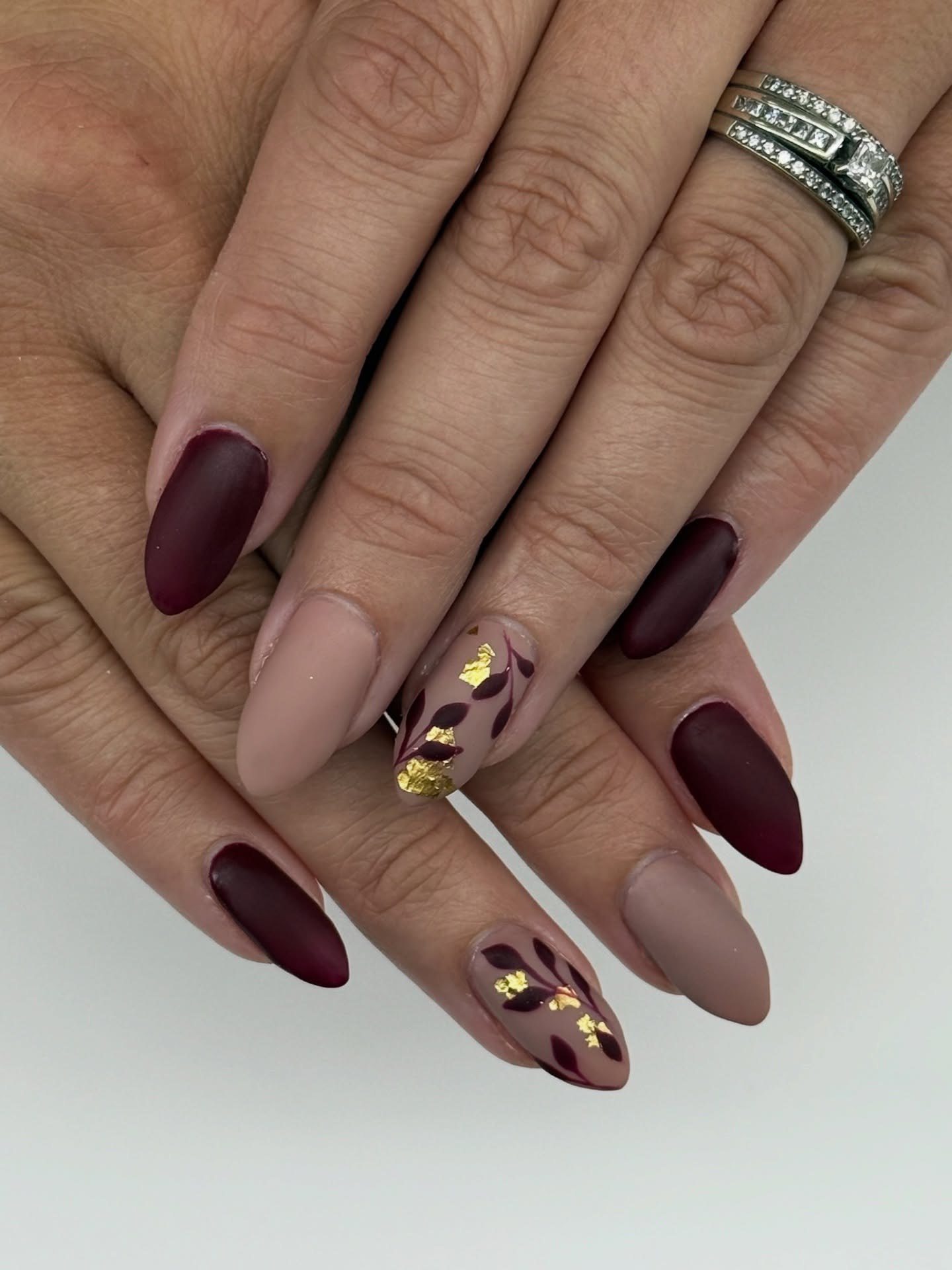 Matte Burgundy & Nude Fall Leaf Accent Nails