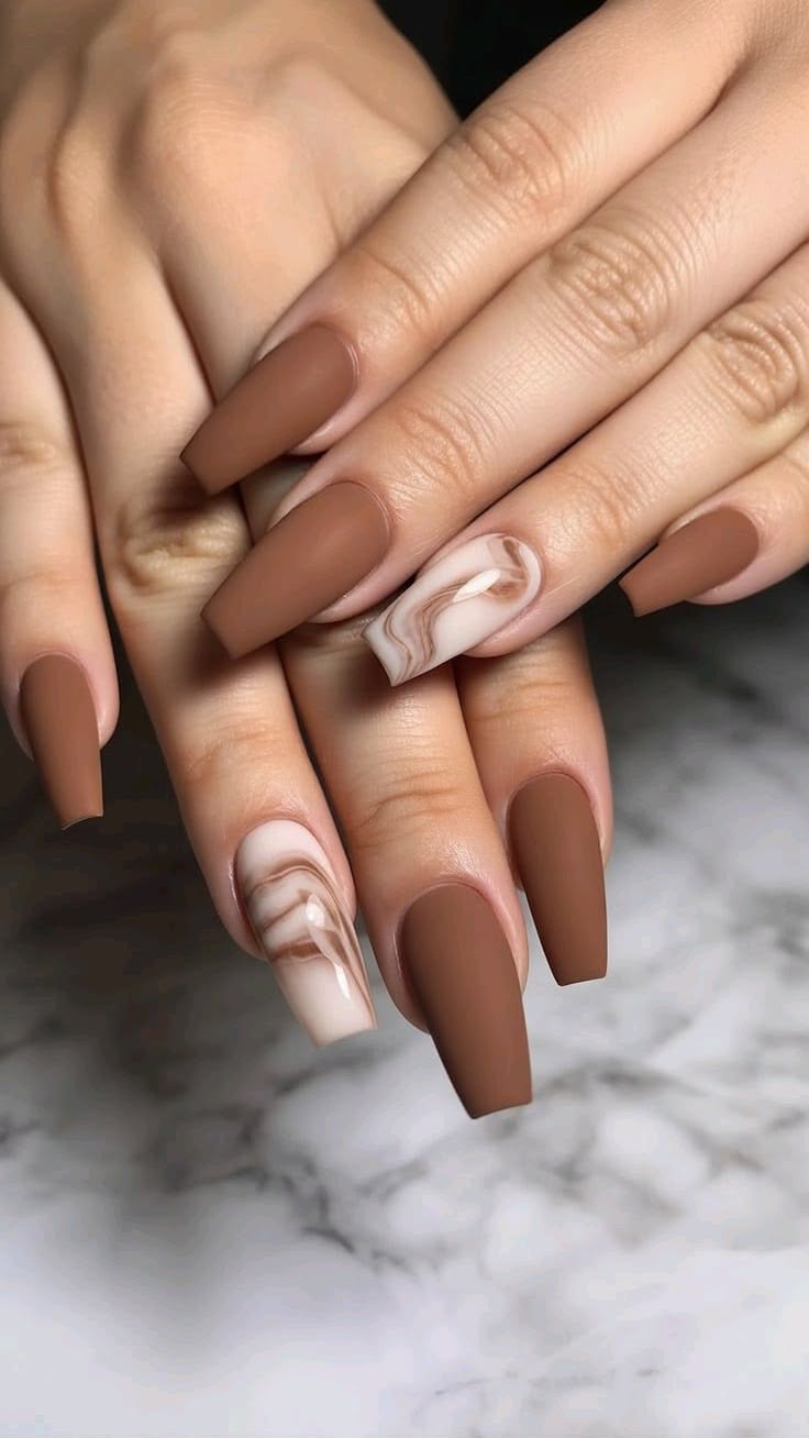 Matte Chocolate Swirl Coffin Nails