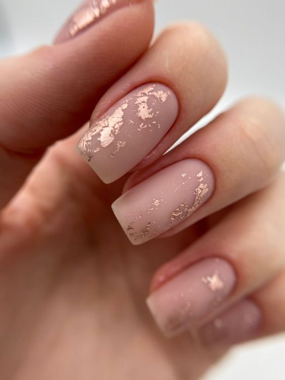 Matte Nude Nails with Rose Gold Foil Accents