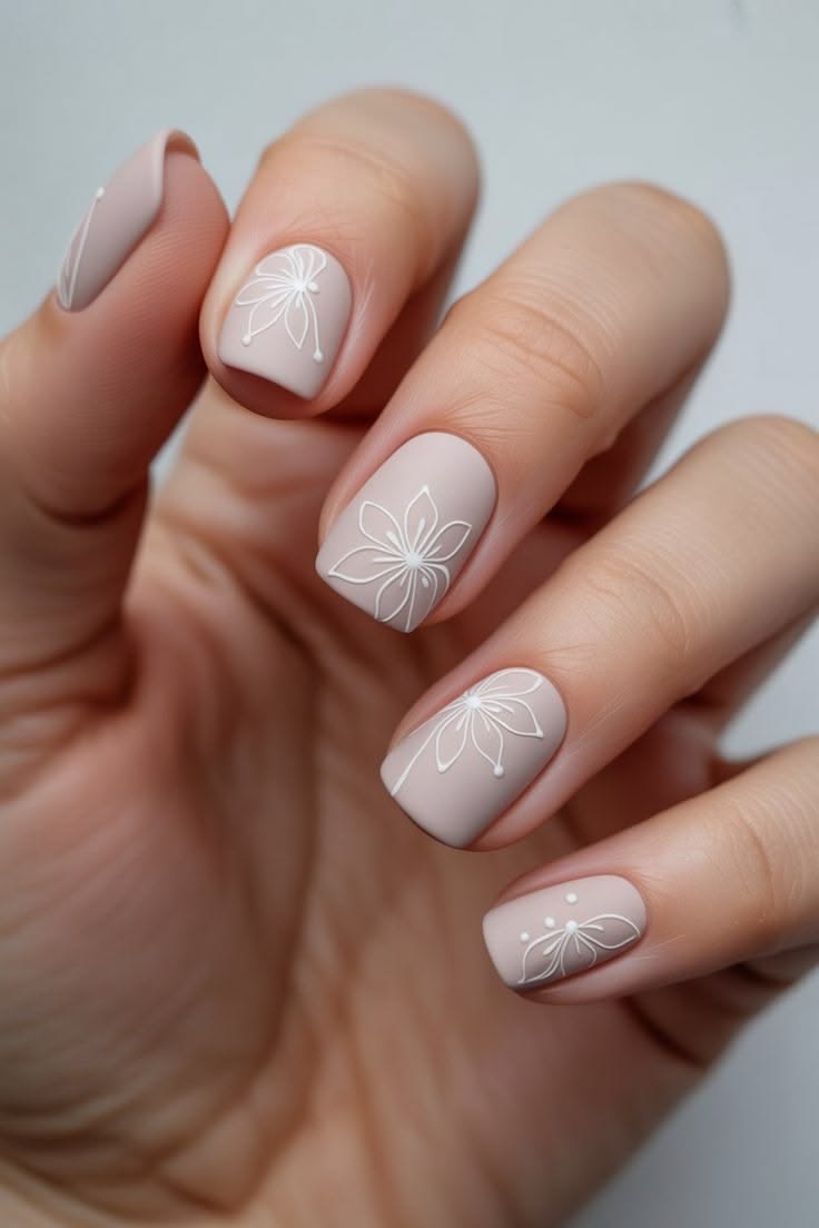 Matte Nude with Delicate White Floral Line Art