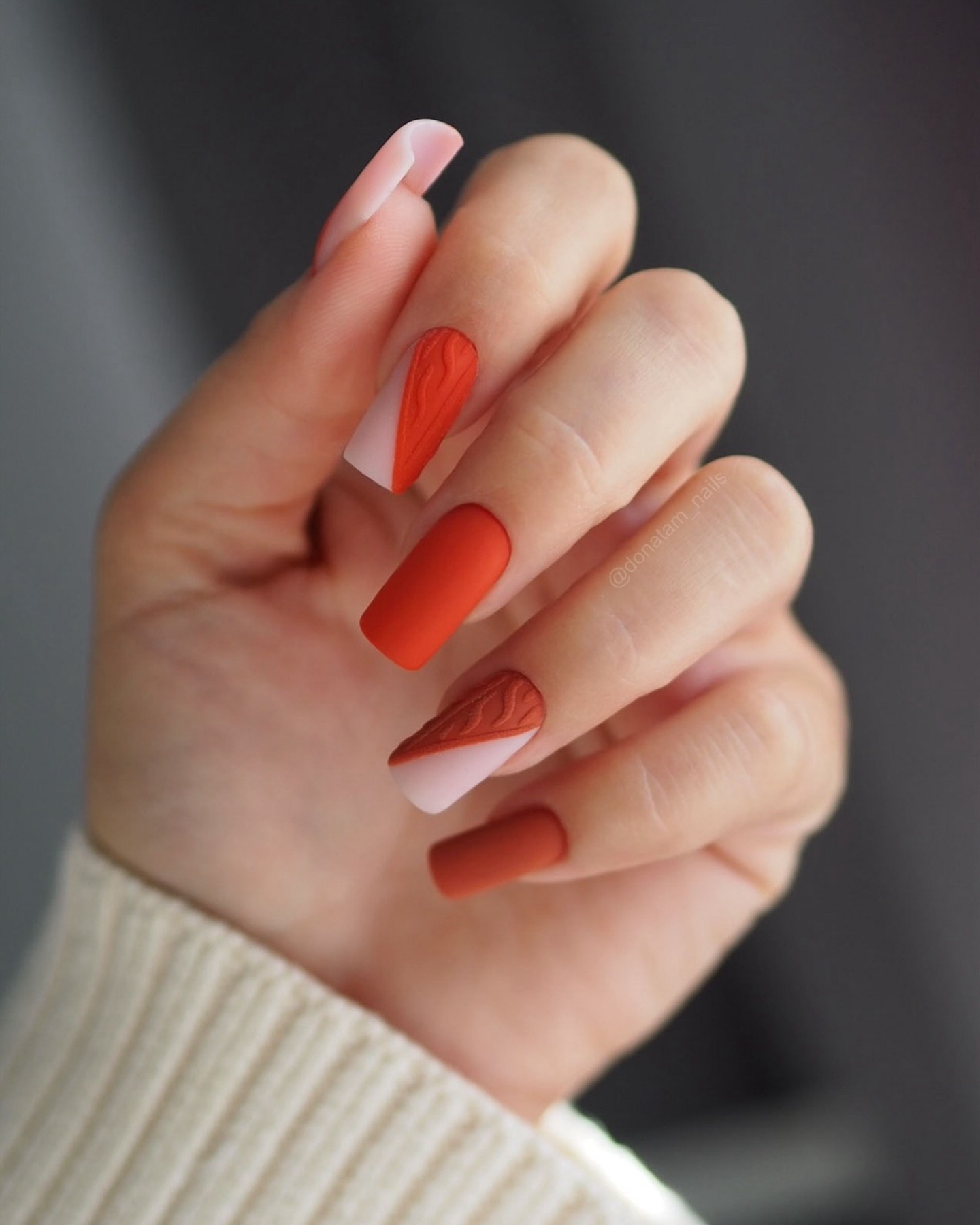Matte Orange Cable Knit Coffin Nails