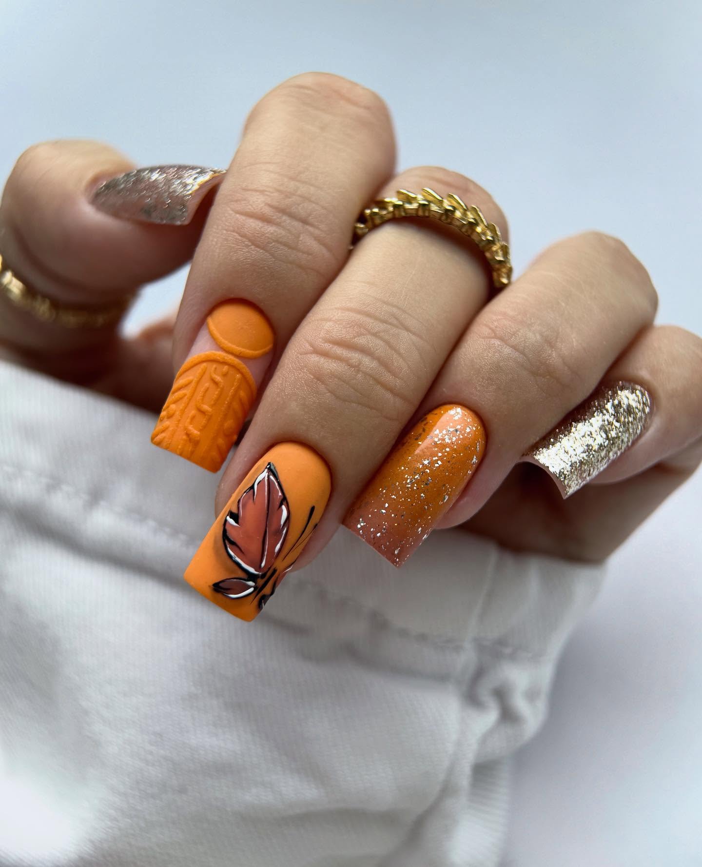 Matte Orange Fall Leaf Sweater Nails
