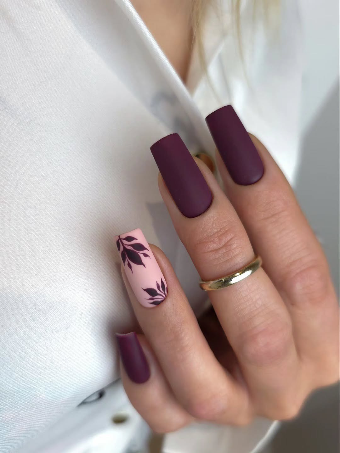 Matte Plum and Pink Leaf Accent Nails