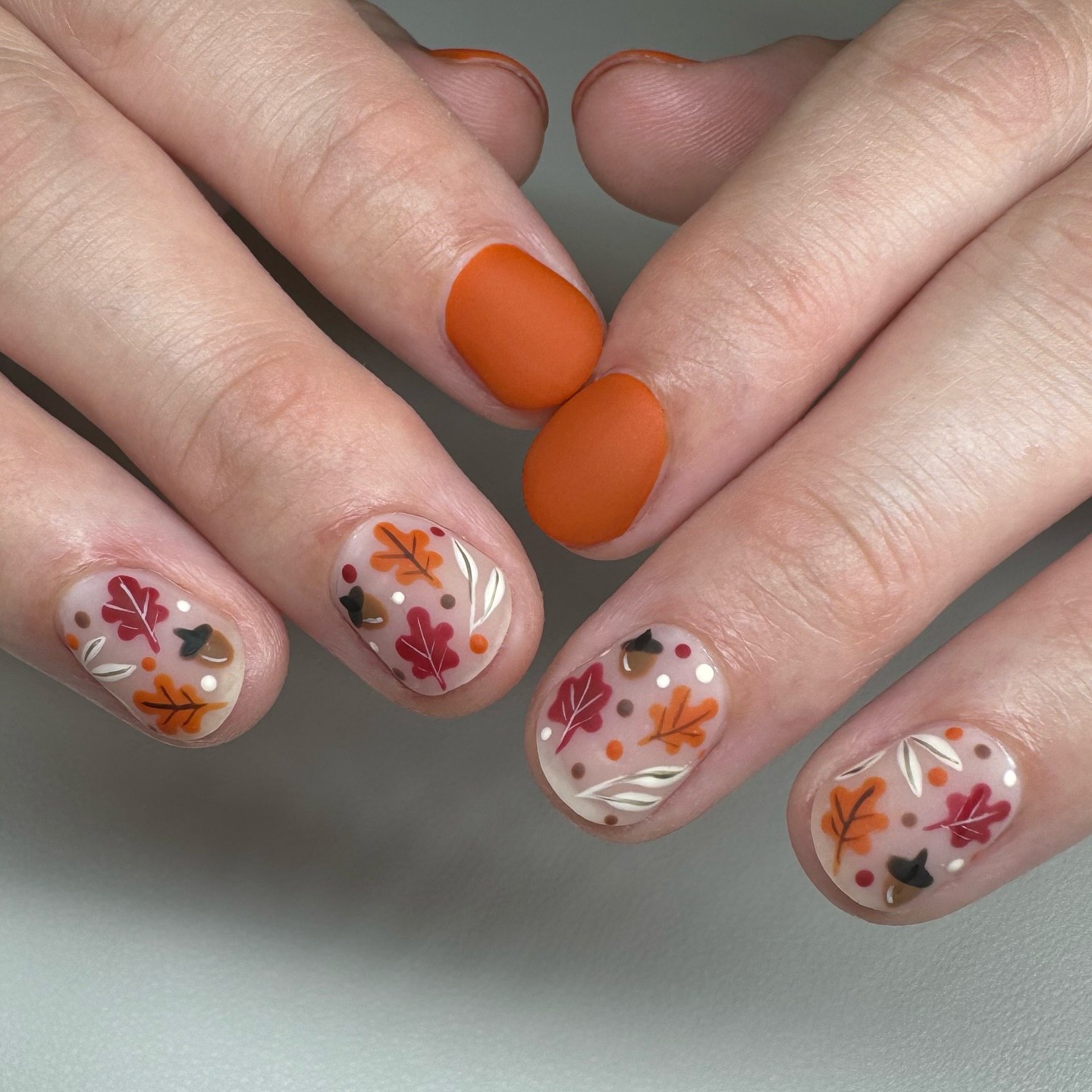 Matte Pumpkin Orange & Fall Leaf Accent Nails