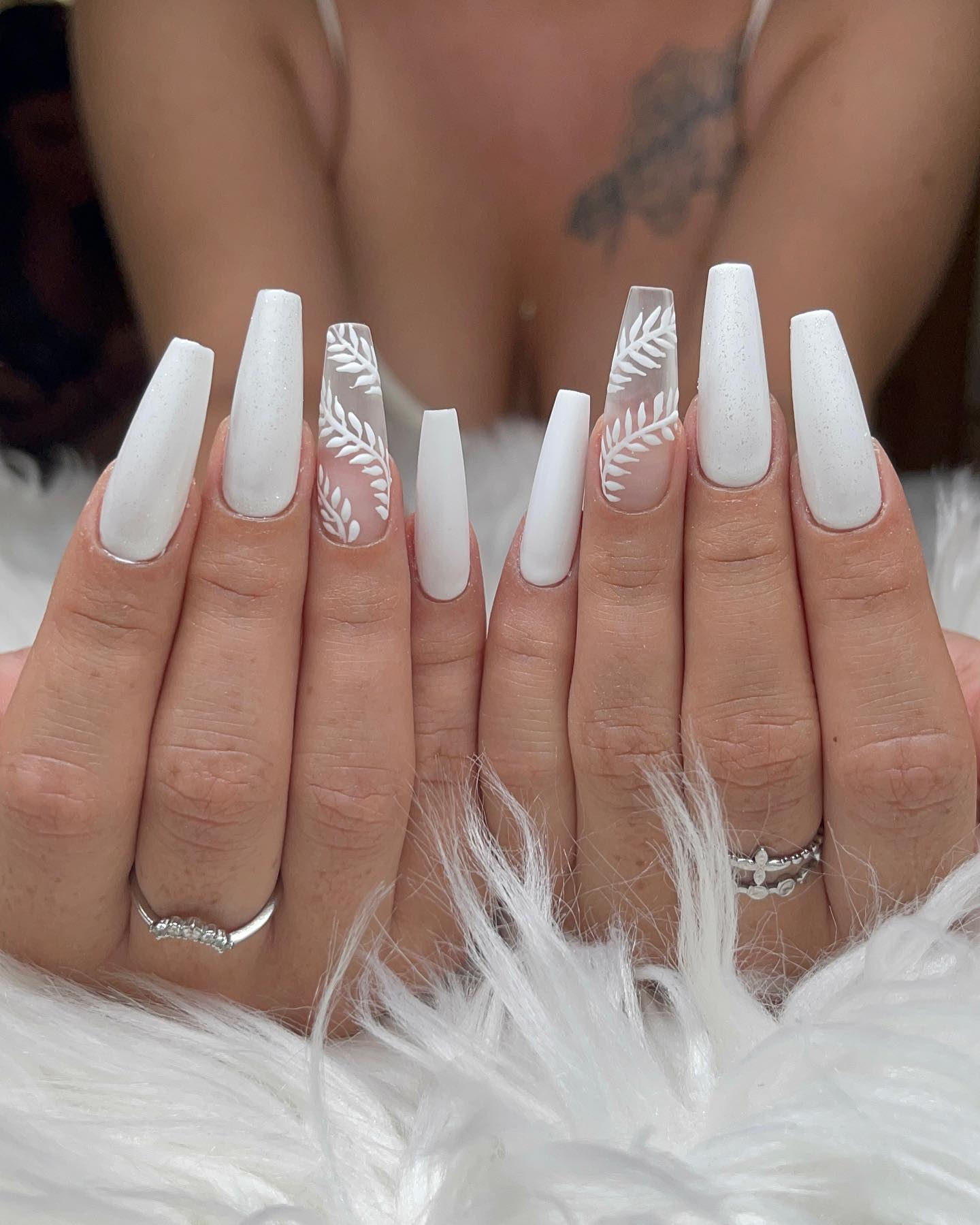 Matte White Coffin Nails With Delicate Leaf Art